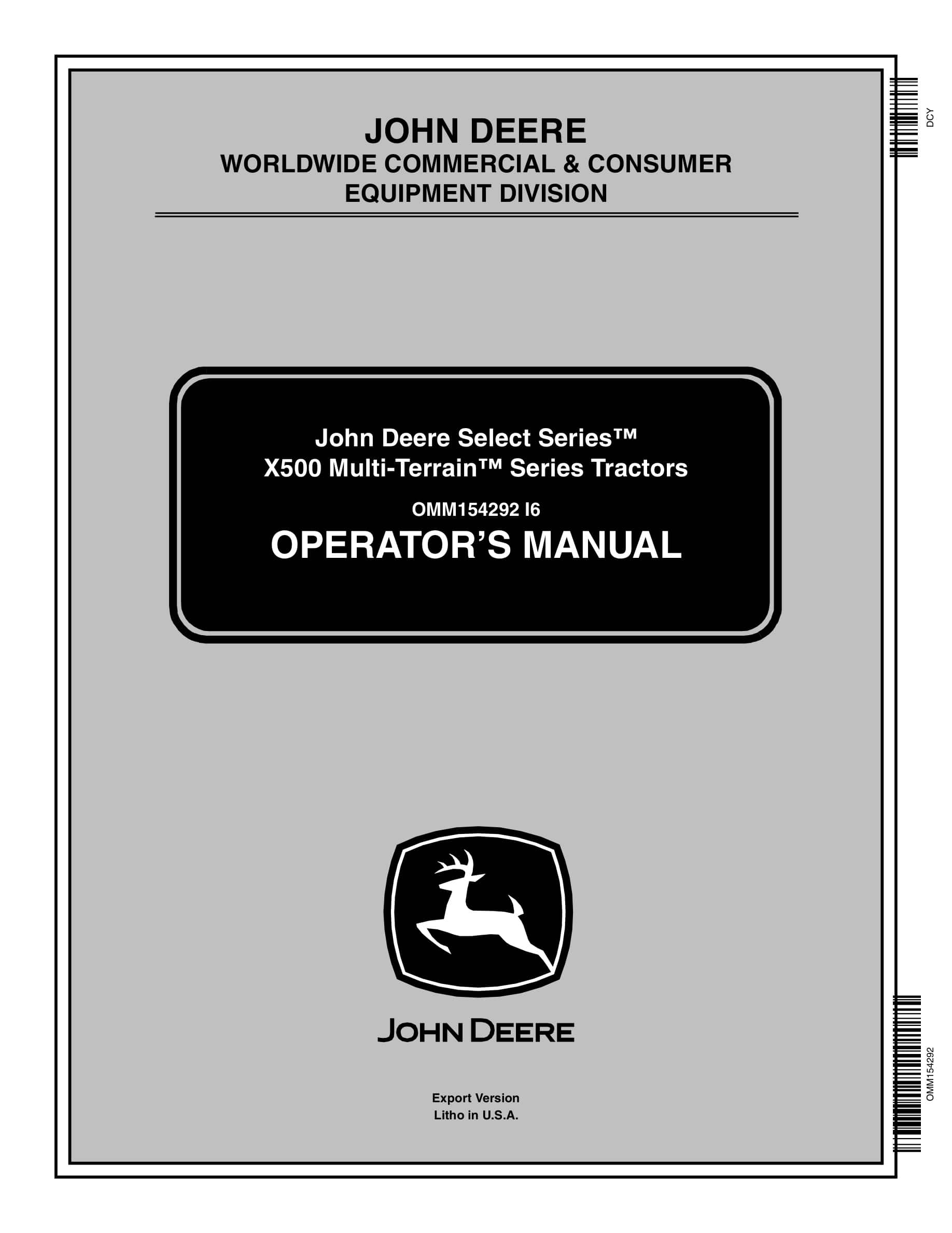 John Deere X500 Multi-terrain Series Tractors Operator Manuals OMM154292-1