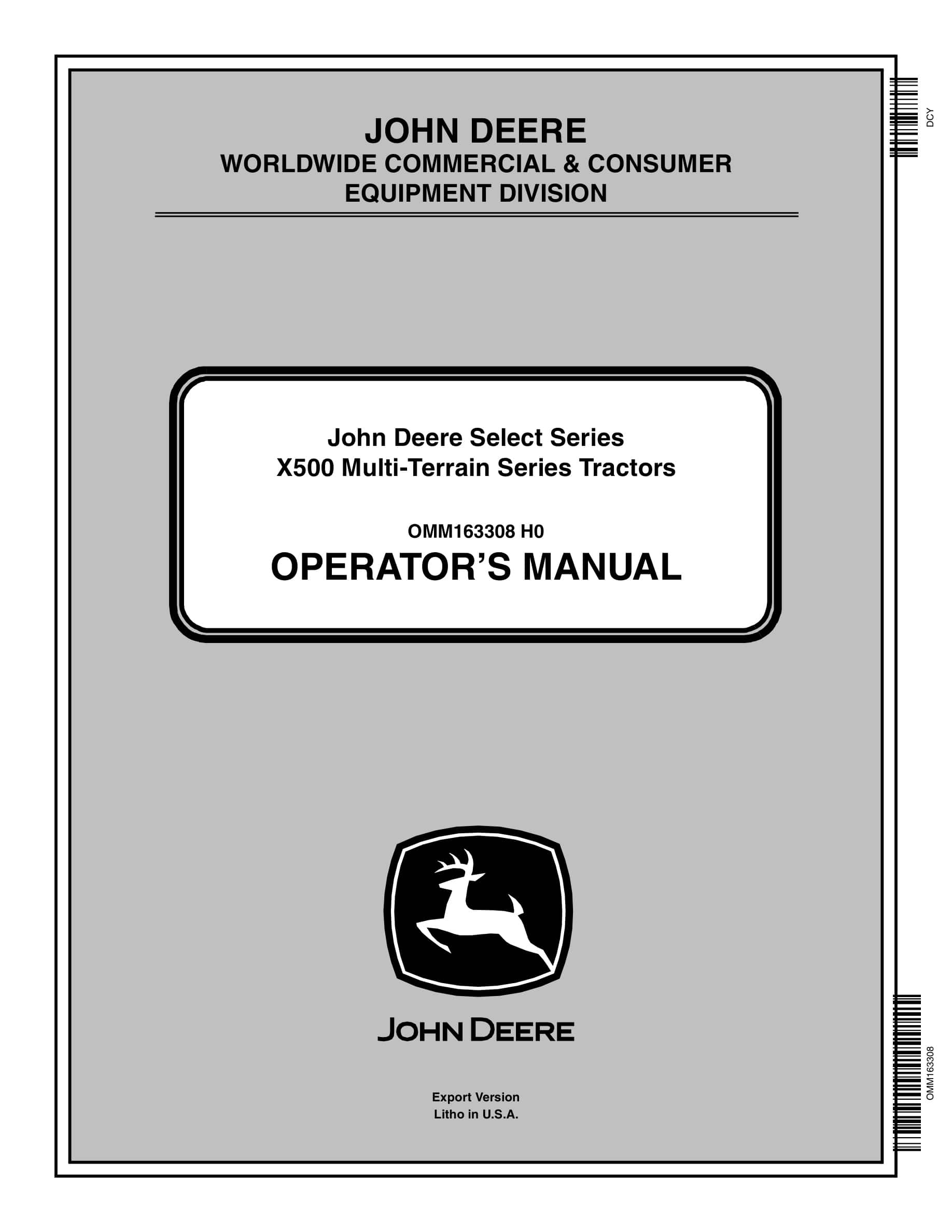 John Deere X500 Multi-terrain Series Tractors Operator Manuals OMM163308-1