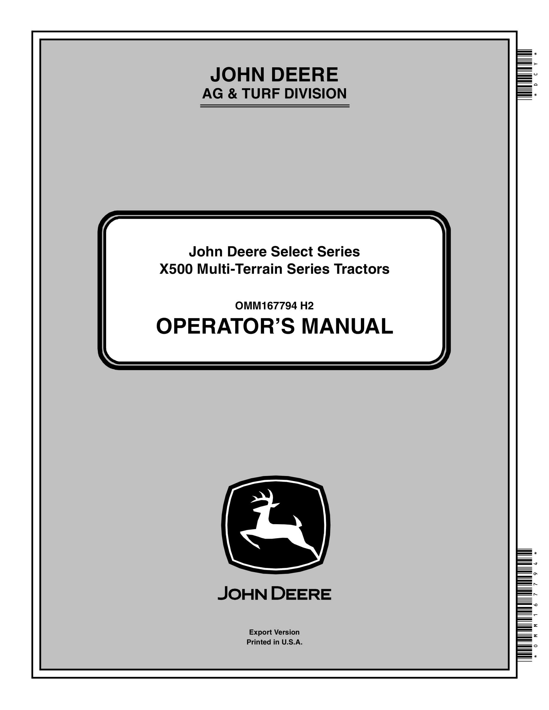 John Deere X500 Multi-terrain Series Tractors Operator Manuals OMM167794-1