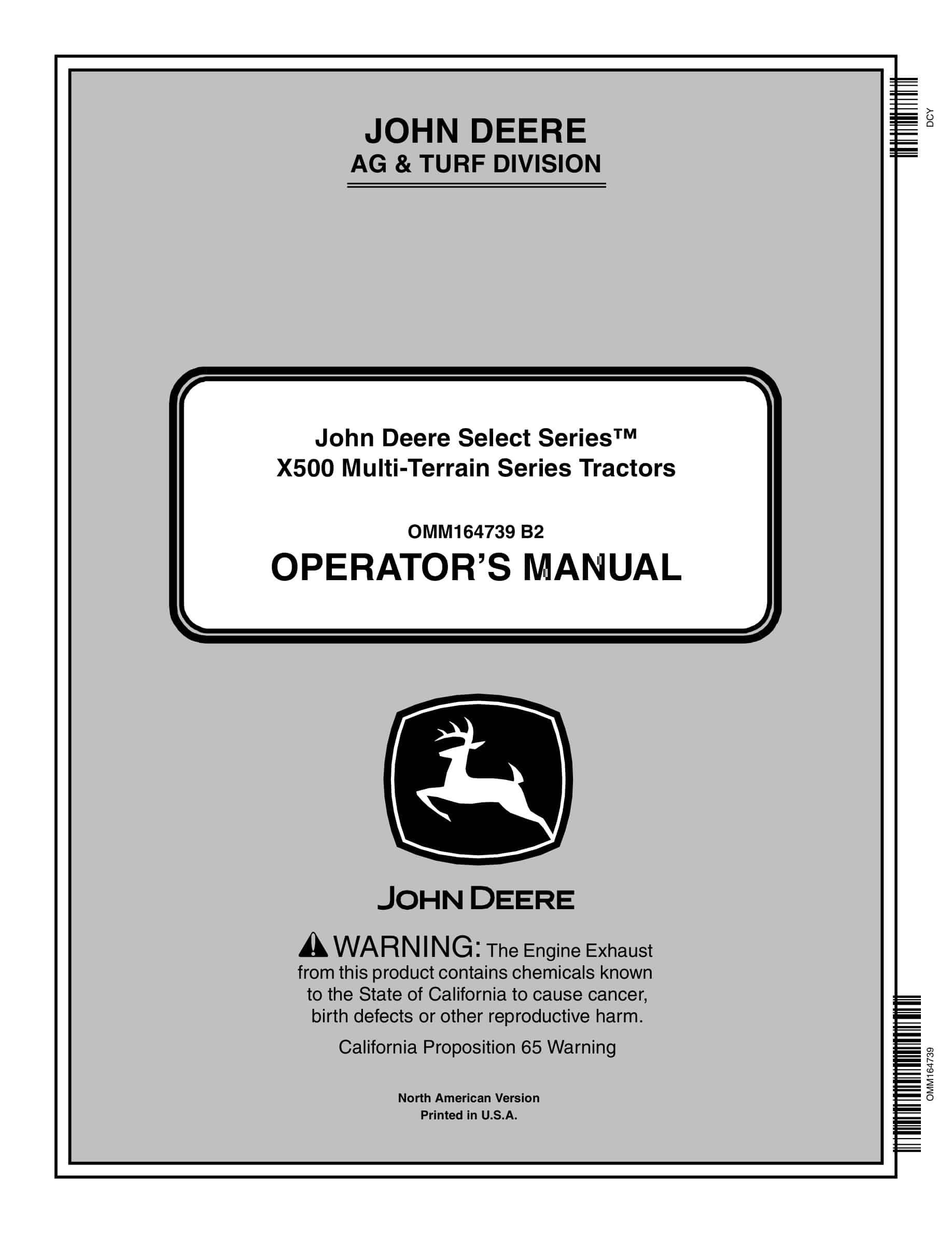 John Deere X500 Tractor Operator Manual OMM164739-1