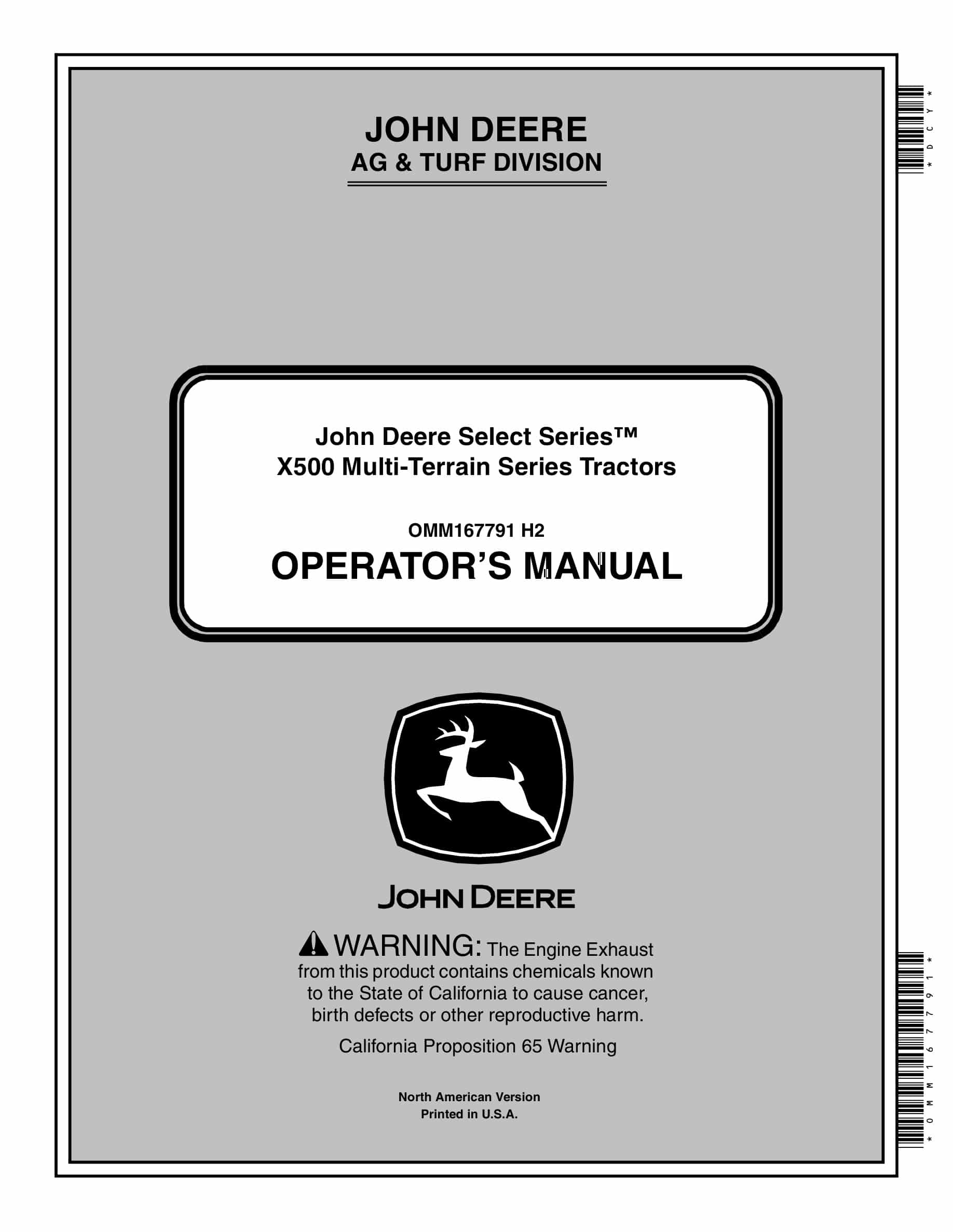 John Deere X500 Tractor Operator Manual OMM167791-1