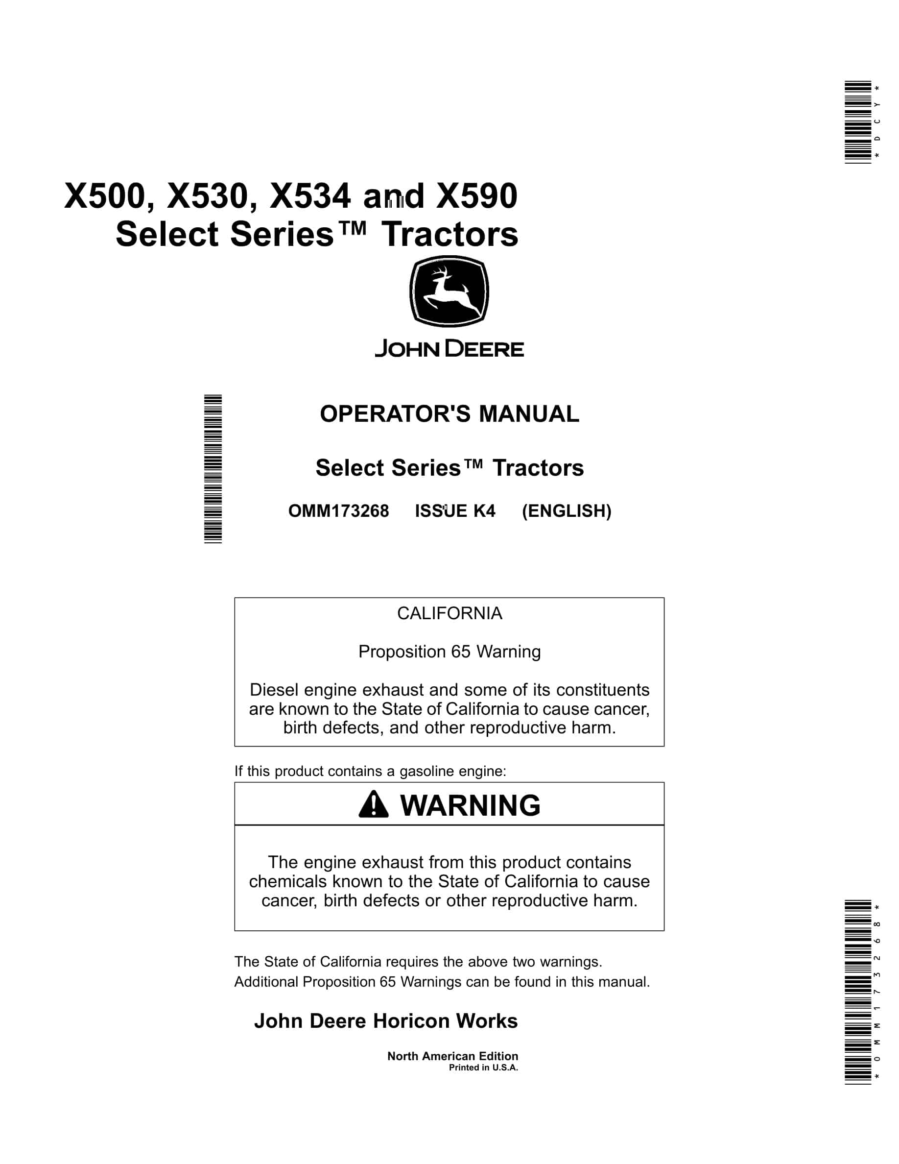 John Deere X500, X530, X534 and X590 Tractor Operator Manual OMM173268-1