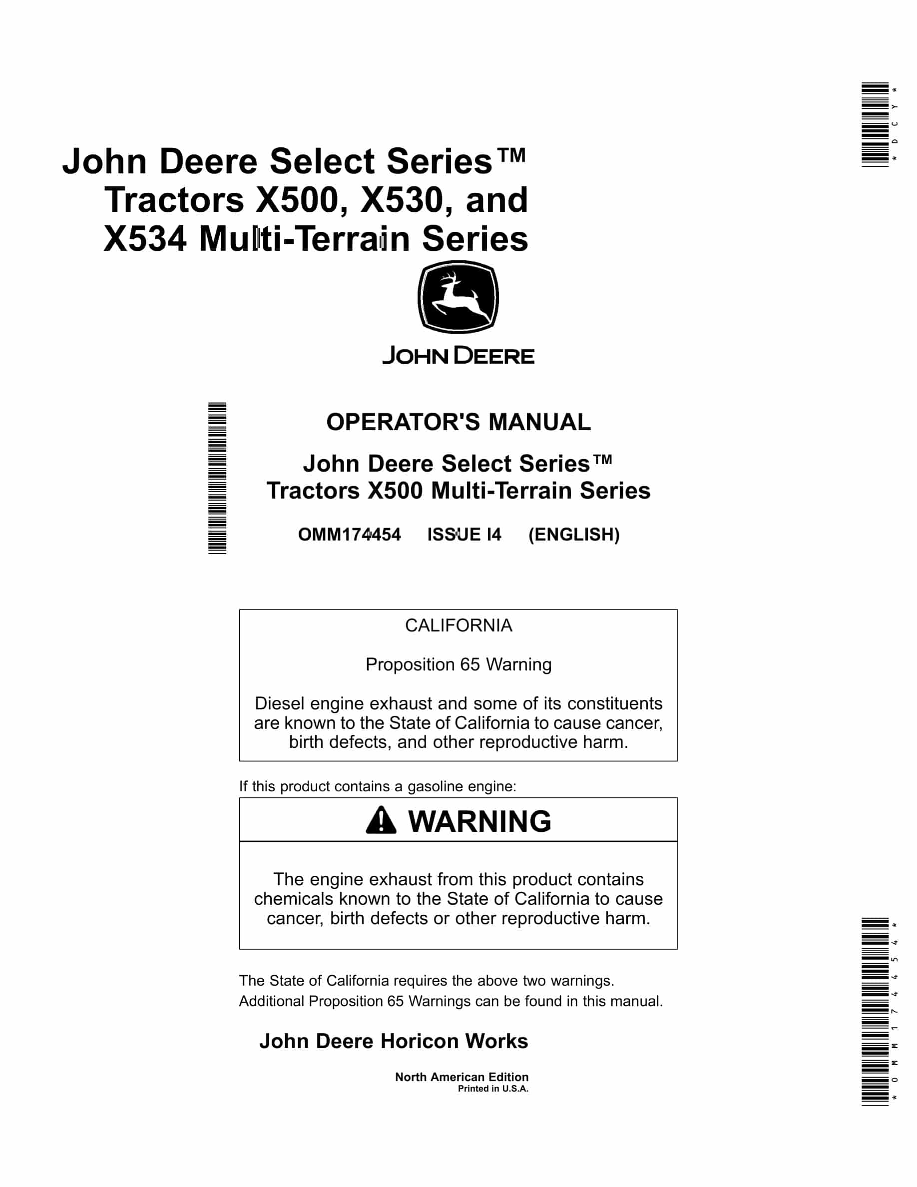 John Deere X500, X530, and X534 Tractor Operator Manual OMM174454-1