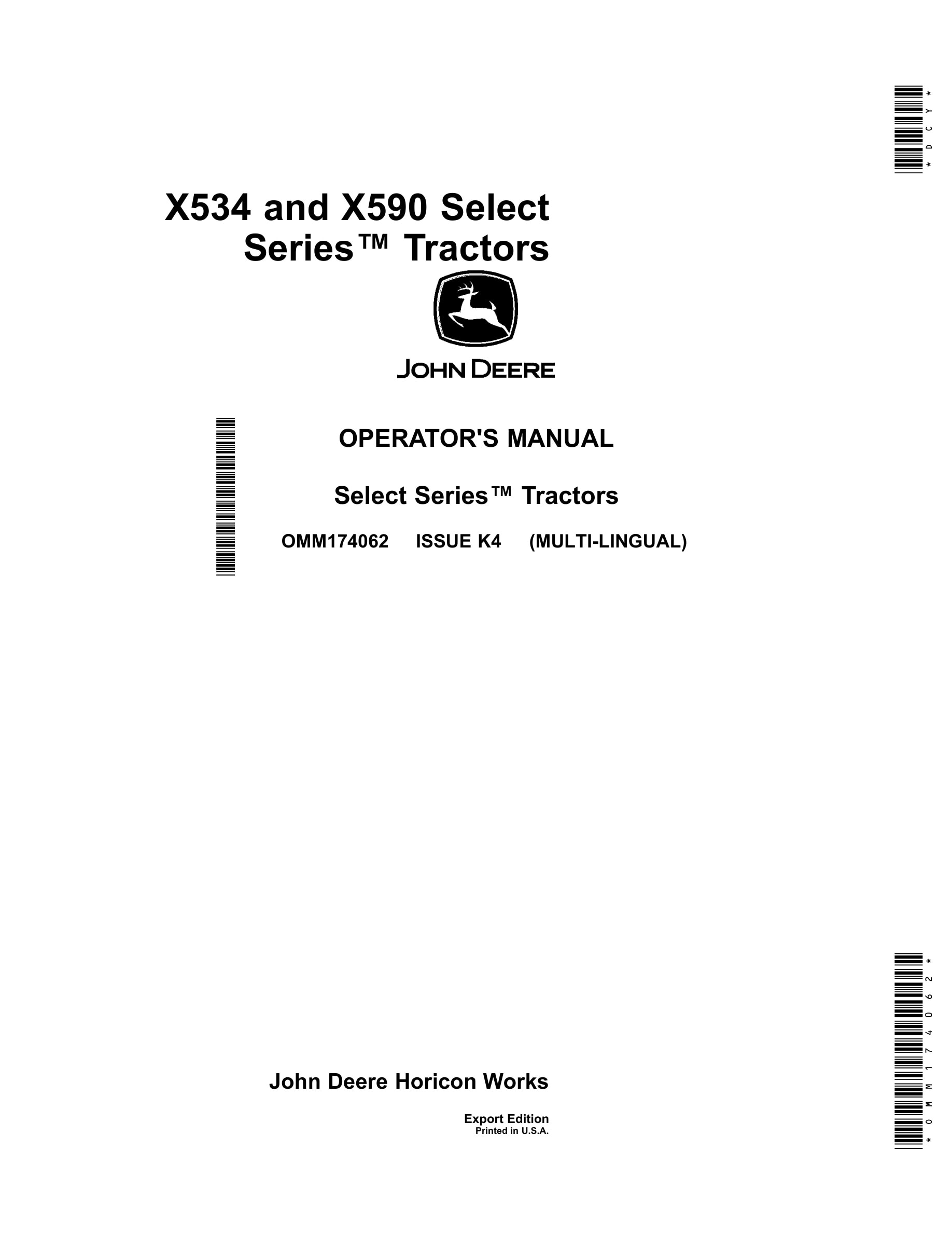 John Deere X534 And X590 Select Series Tractors Operator Manuals OMM174062-1