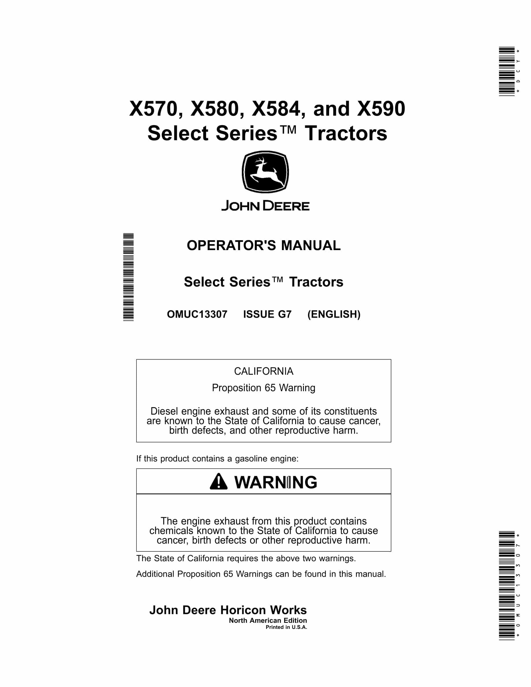 John Deere X570, X580, X584, and X590 Tractor Operator Manual OMUC13307-1