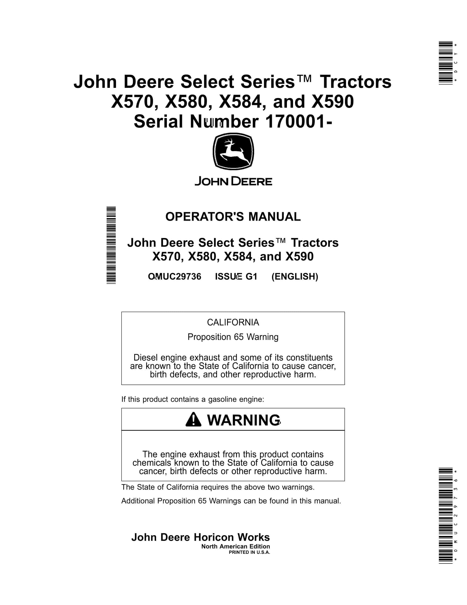John Deere X570, X580, X584, and X590 Tractor Operator Manual OMUC29736-1