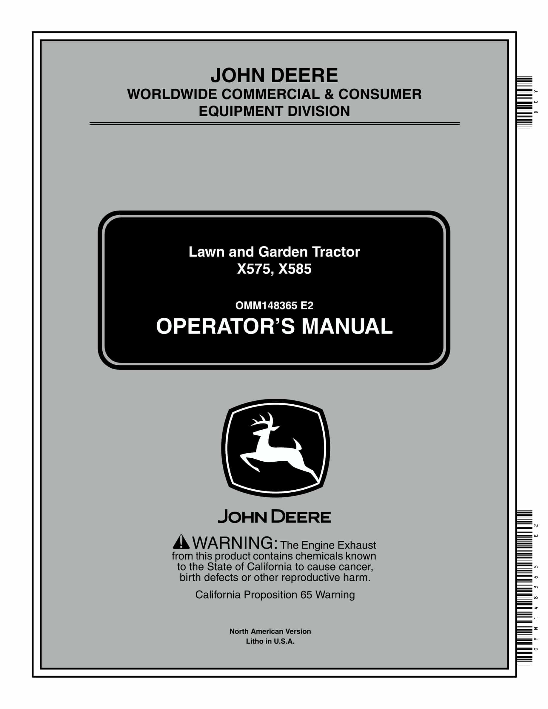 John Deere X575, X585 Tractor Operator Manual OMM148365-1