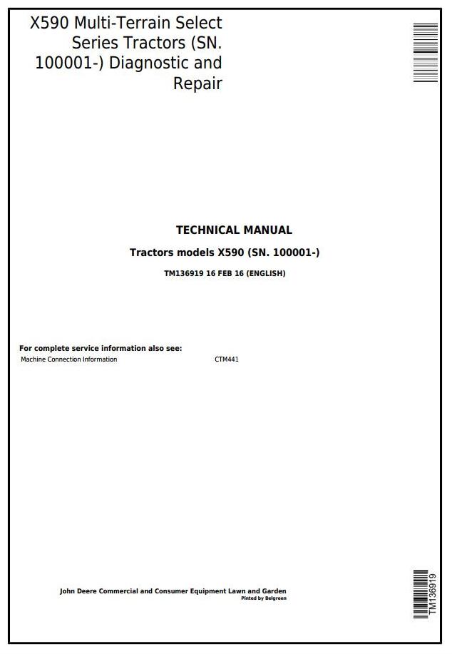John Deere X590 Multi-Terrain Select Series Tractor Diagnostic Repair Manual TM136919