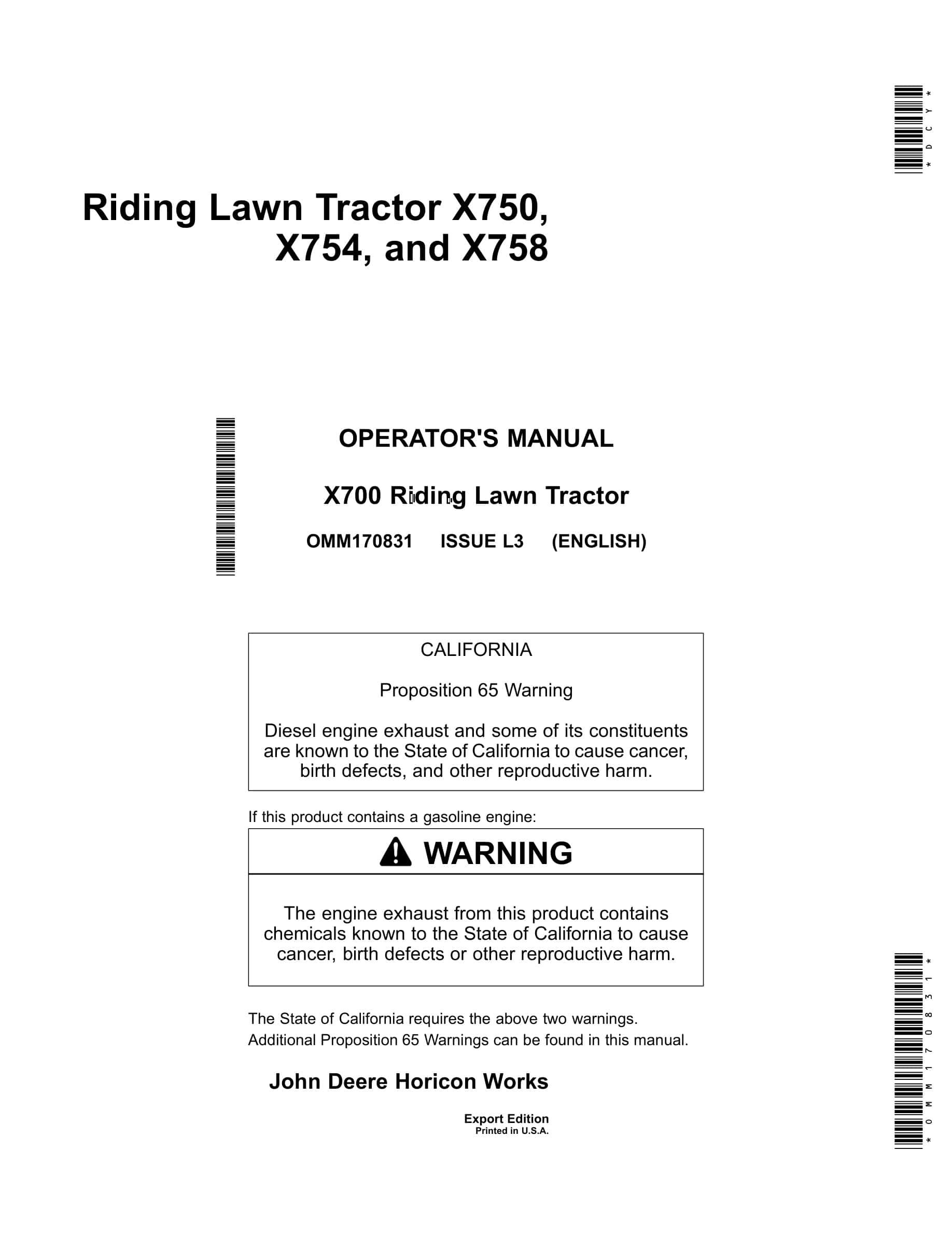 John Deere X700 Riding Lawn Tractors Operator Manual OMM170831-1
