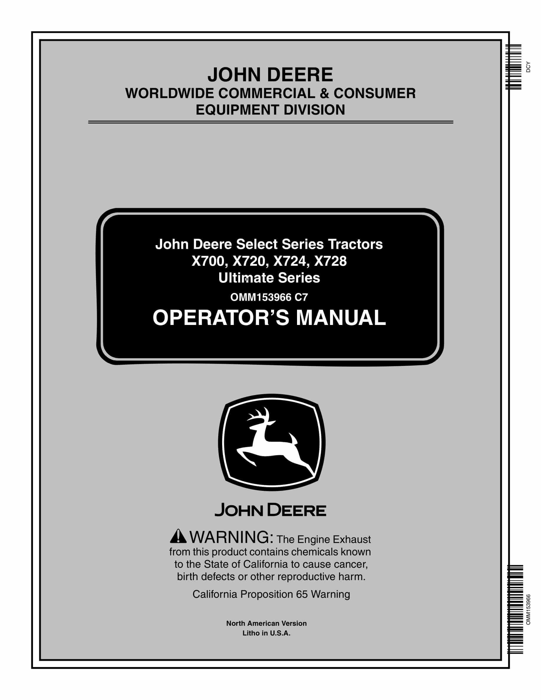 John Deere X700, X720, X724, X728 Tractor Operator Manual OMM153966-1