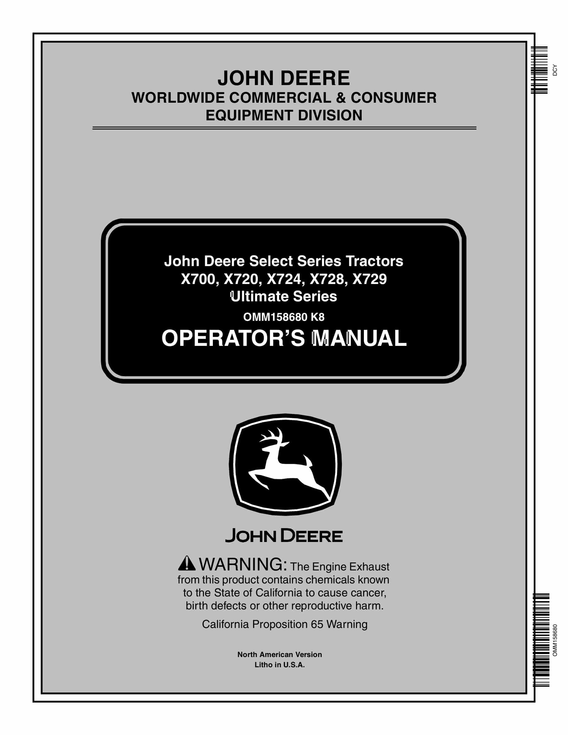 John Deere X700, X720, X724, X728, X729 Tractor Operator Manual OMM158680-1