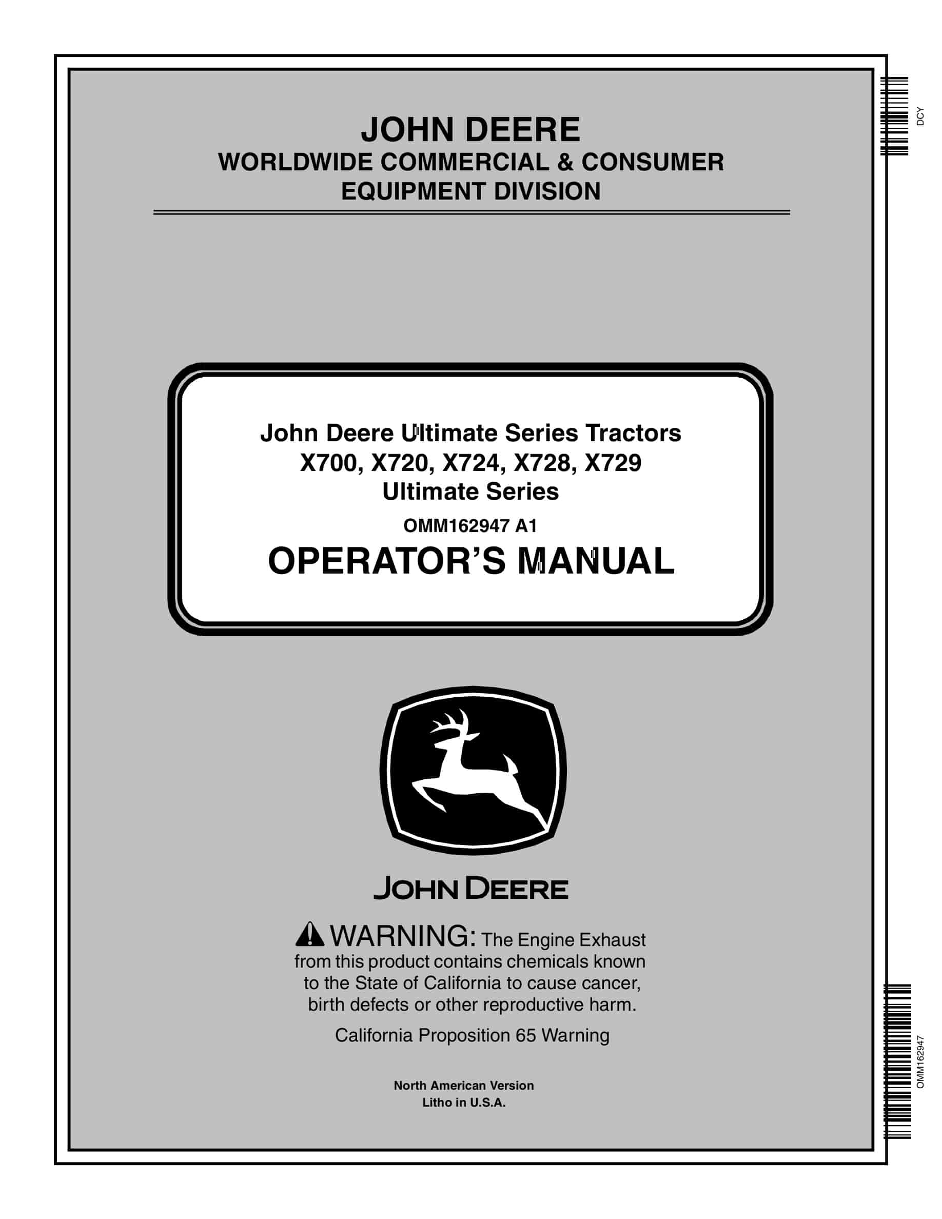 John Deere X700, X720, X724, X728, X729 Tractor Operator Manual OMM162947-1