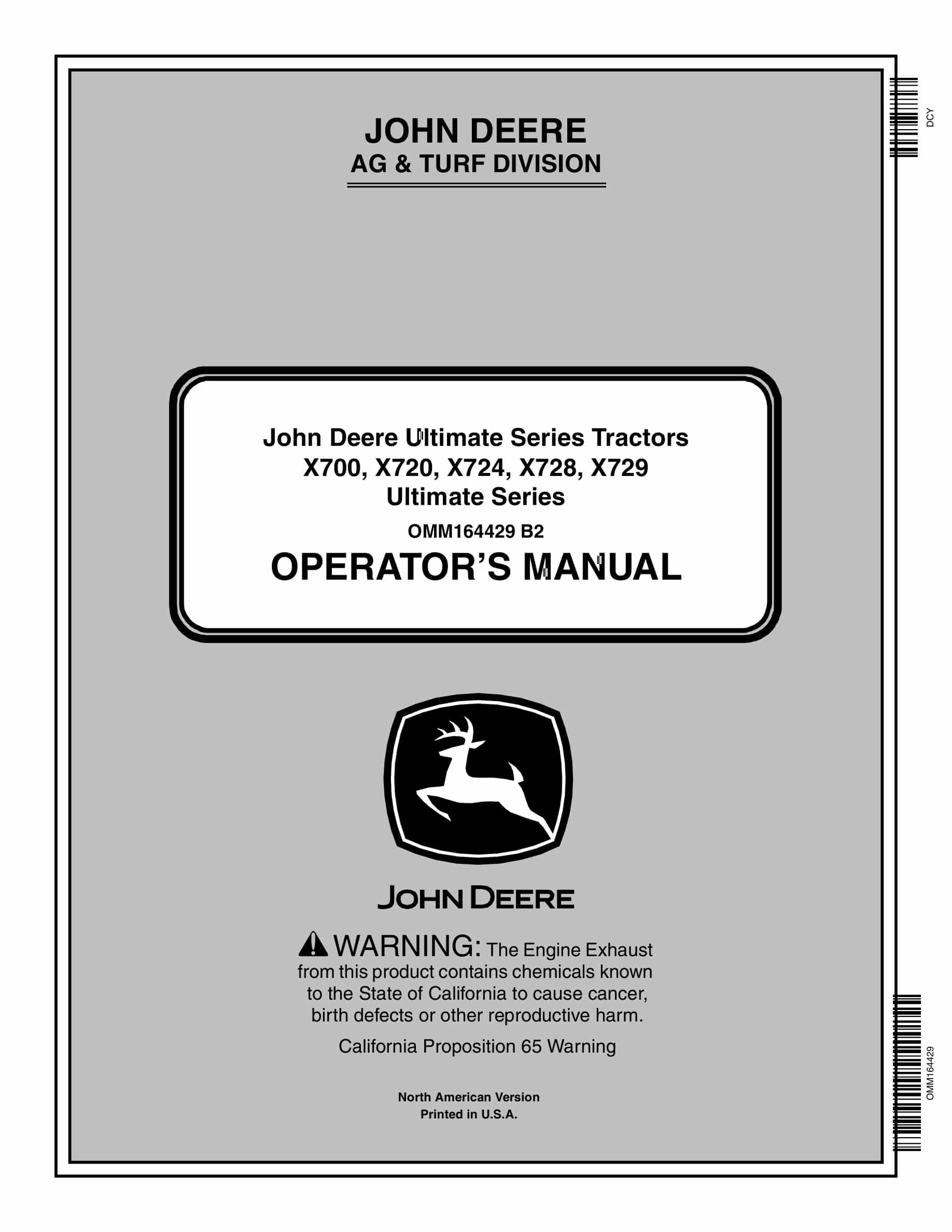 John Deere X700, X720, X724, X728, X729 Tractor Operator Manual OMM164429-1