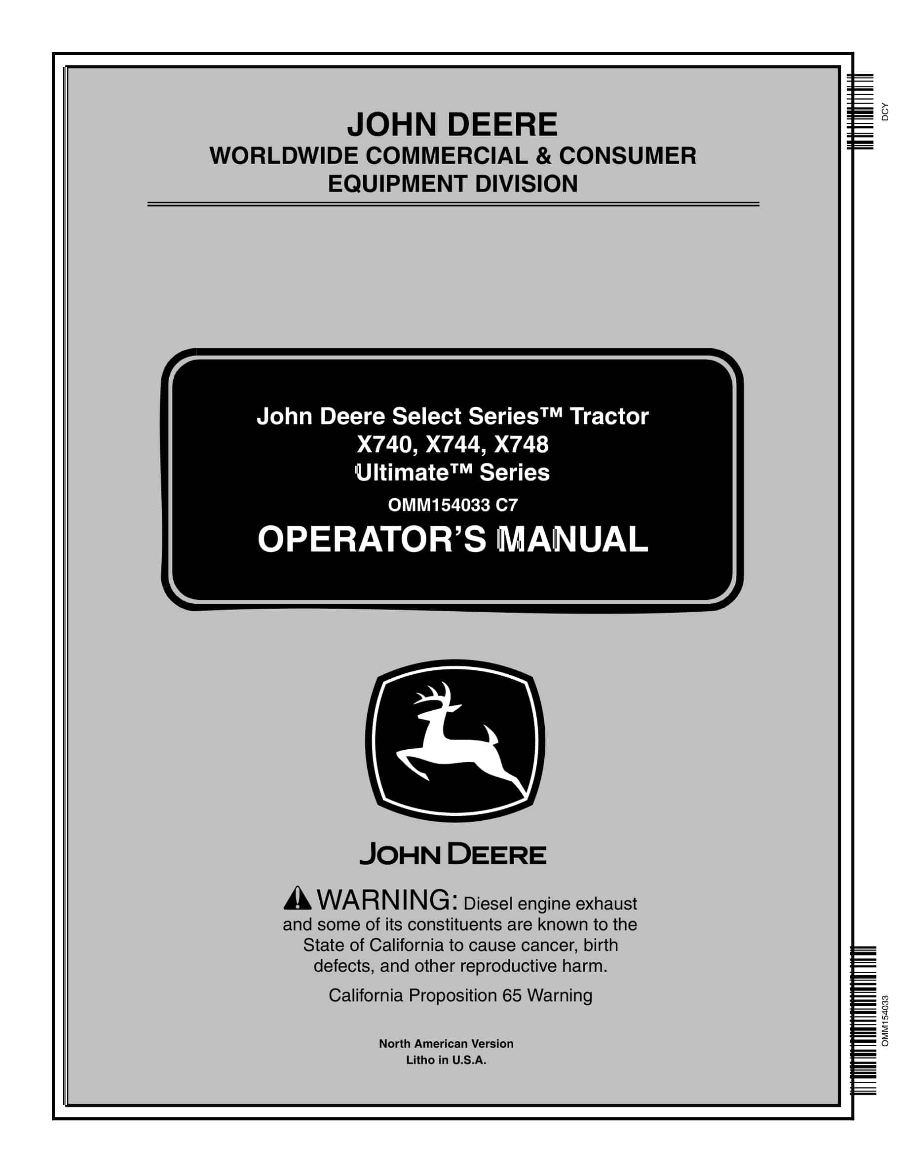 John Deere X740, X744, X748 Tractor Operator Manual OMM154033-1
