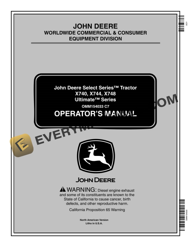 John Deere X740, X744, X748 Tractor Operator Manual OMM154033