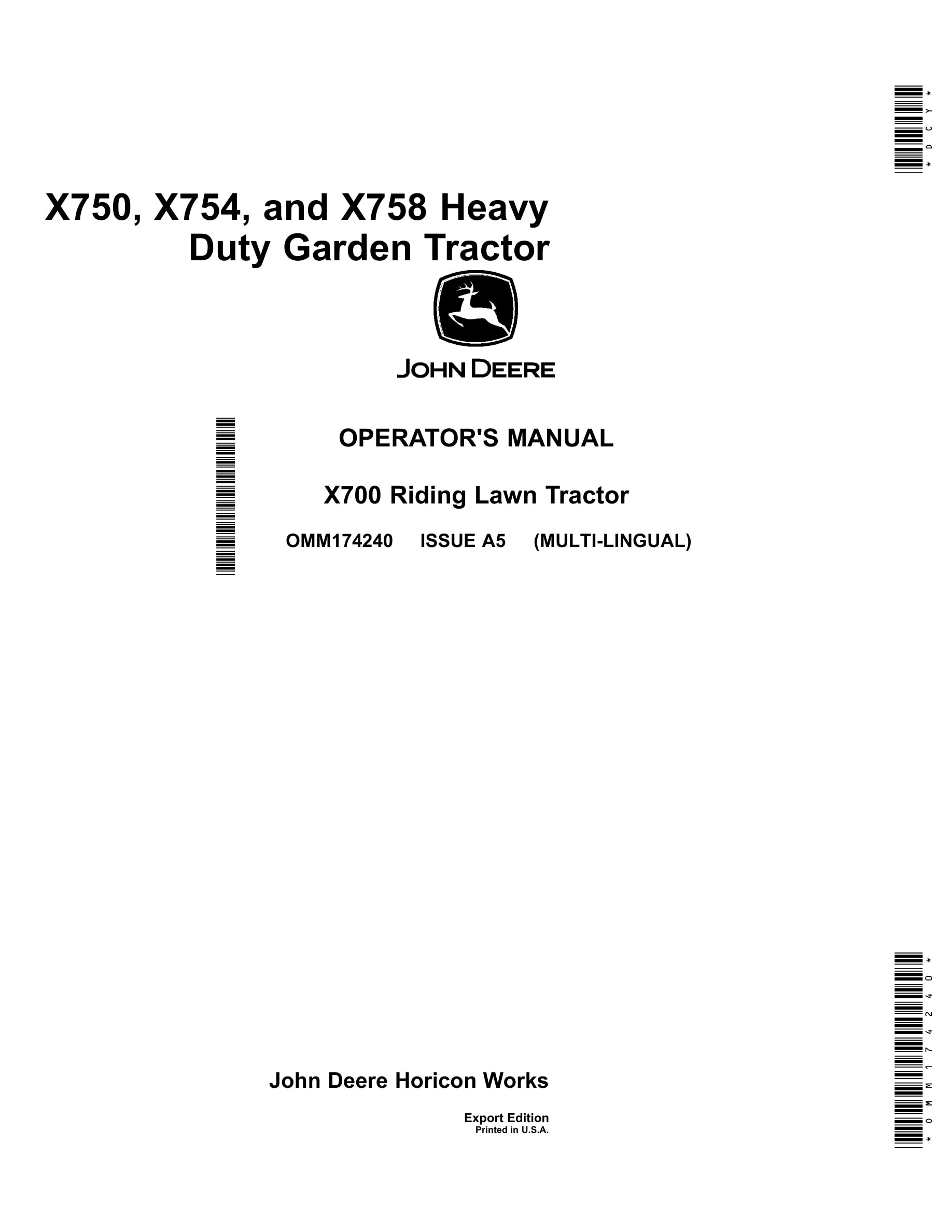 John Deere X750, X754, And X758 Heavy Duty Garden Tractors Operator Manual OMM174240-1