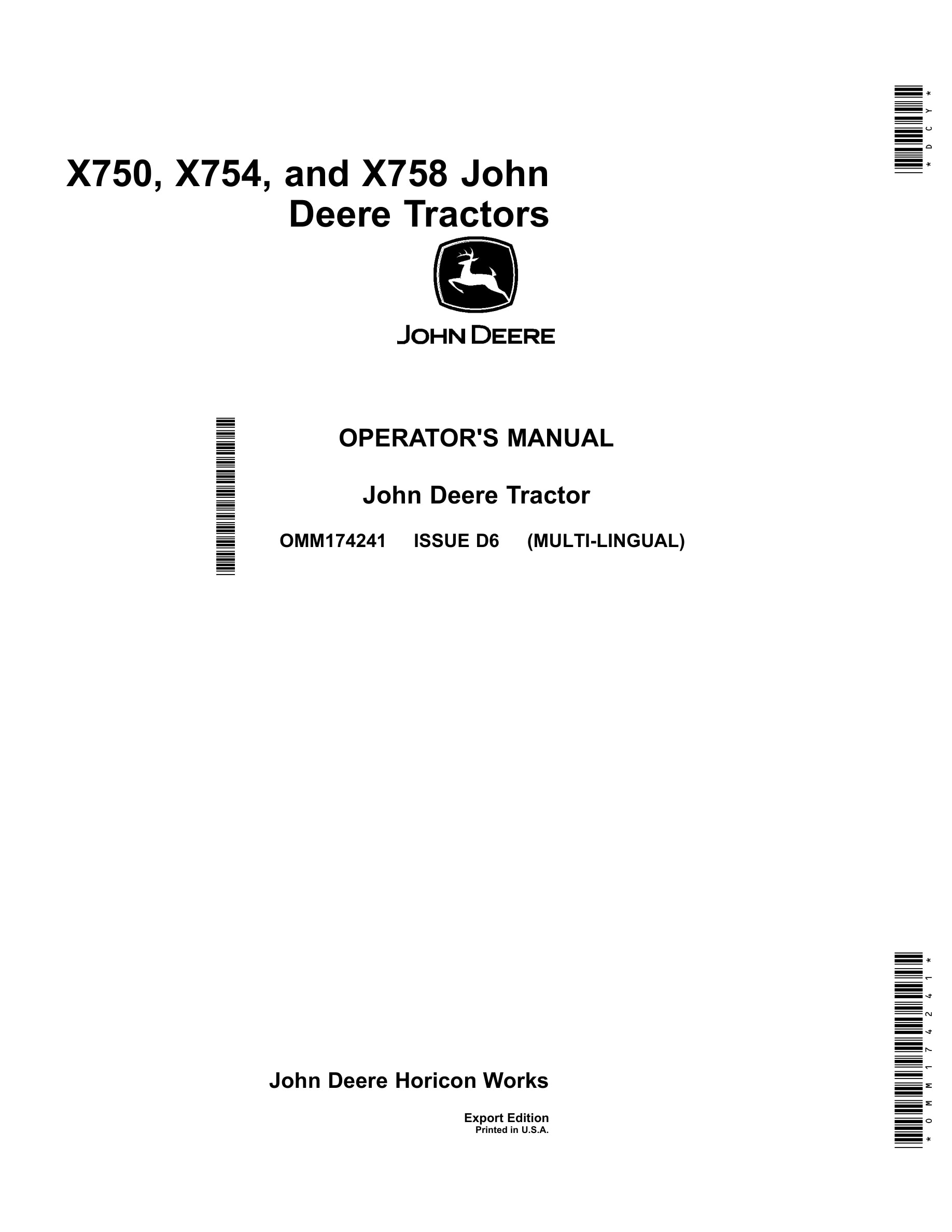 John Deere X750, X754, And X758 Heavy Duty Garden Tractors Operator Manual OMM174241-1