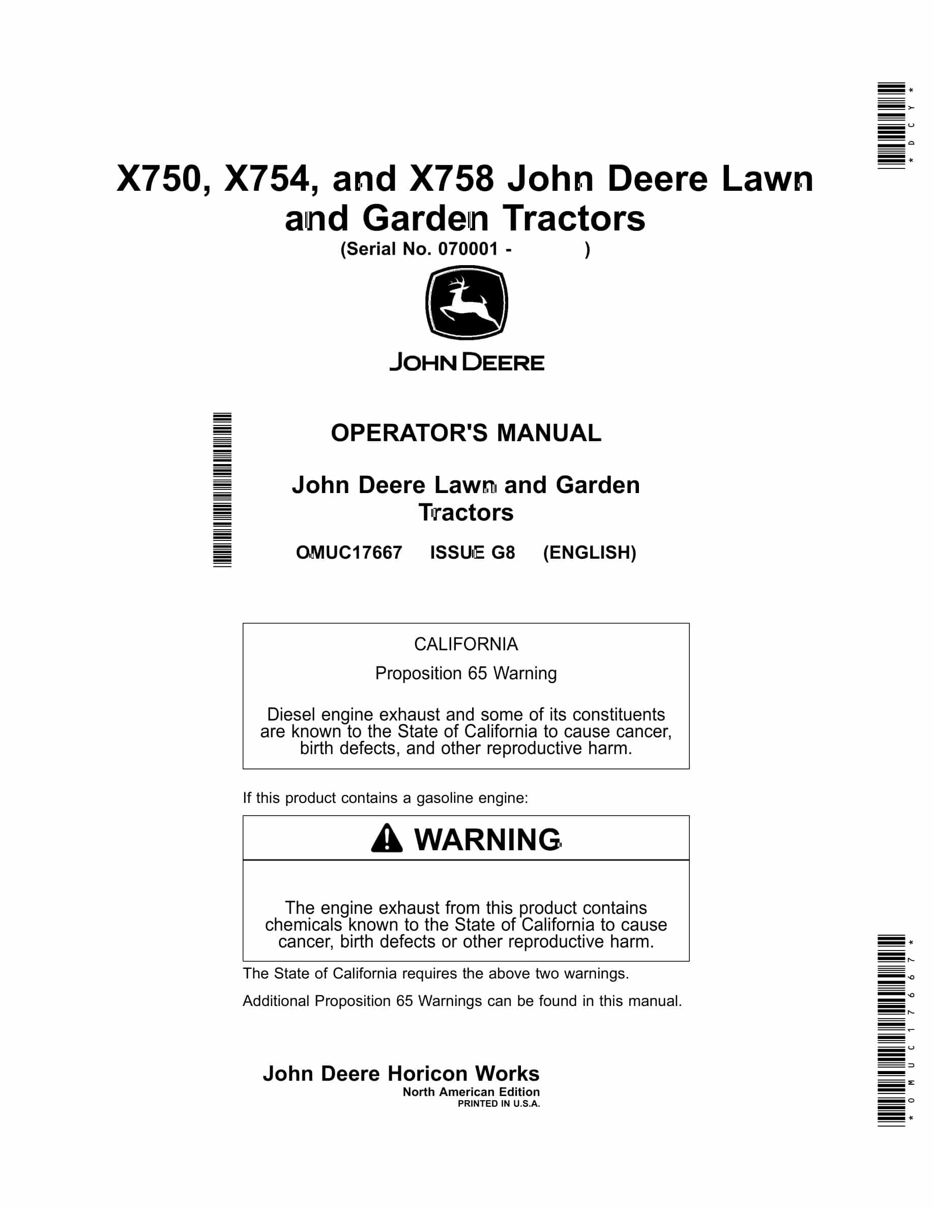 John Deere X750, X754, And X758 Lawn And Garden Tractors Operator Manuals OMUC17667-1