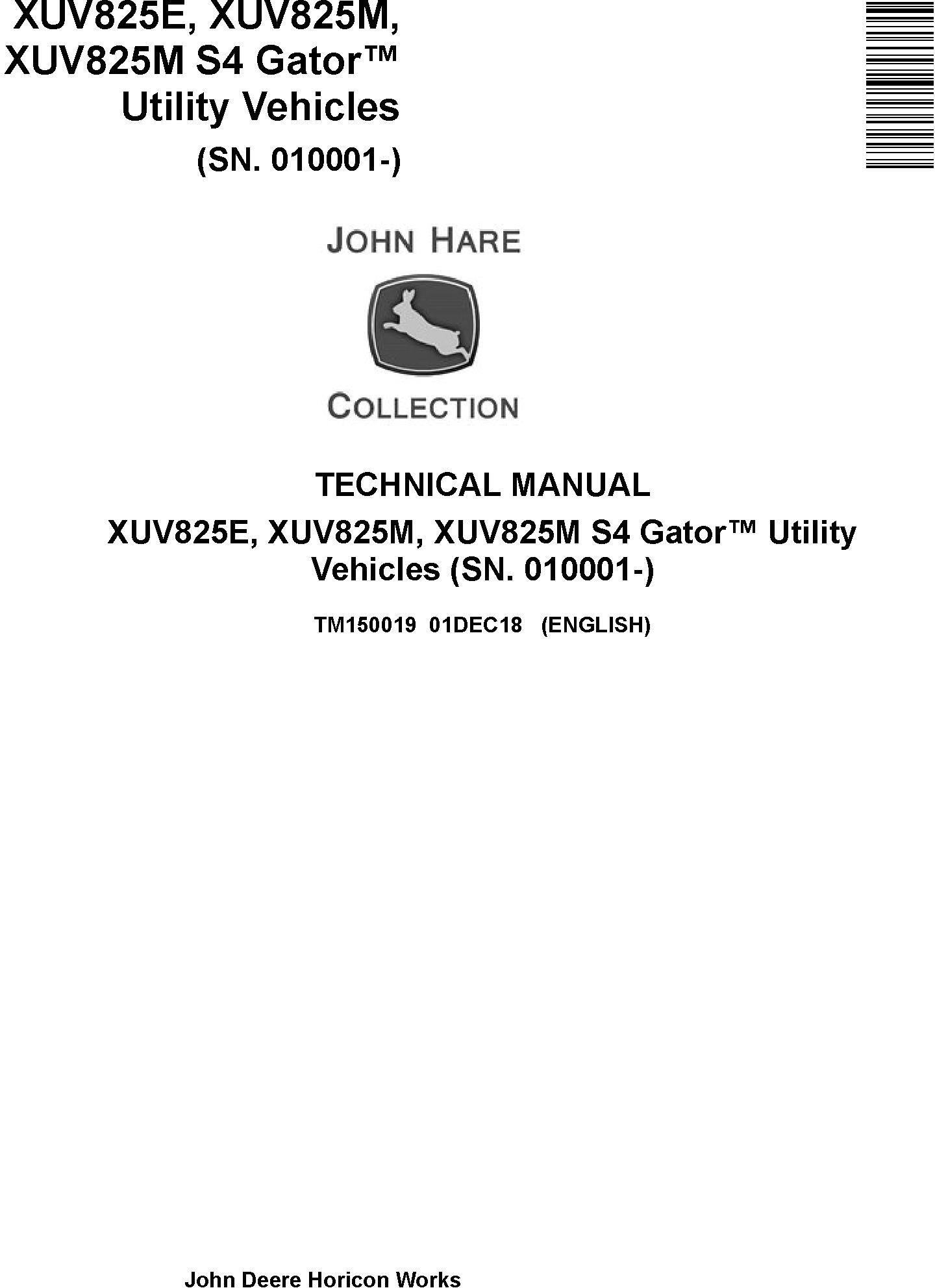 John Deere XUV825E XUV825M XUV825M S4 Gator Utility Vehicles Technical Manual TM150019