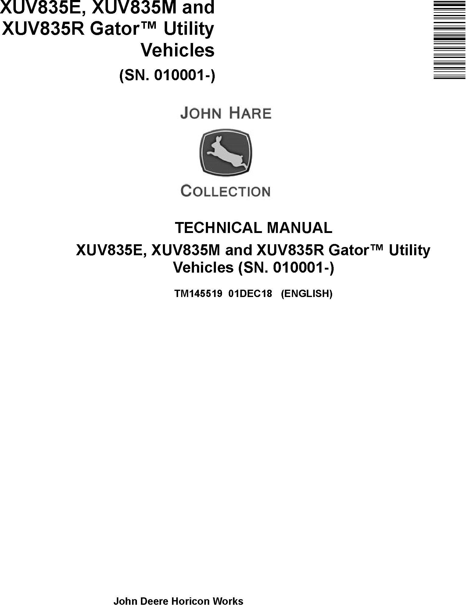 John Deere XUV835E XUV835M XUV835R Gator Utility Vehicles Technical Manual TM145519