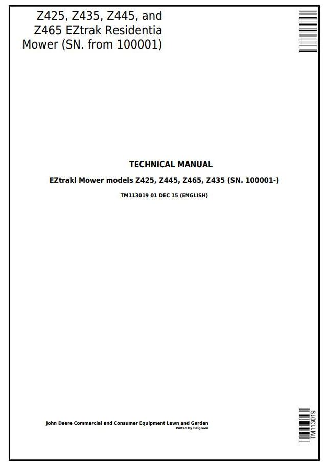 John Deere Z425 Z435 Z445 Z465 EZtrak Residential Mower Technical Manual TM113019