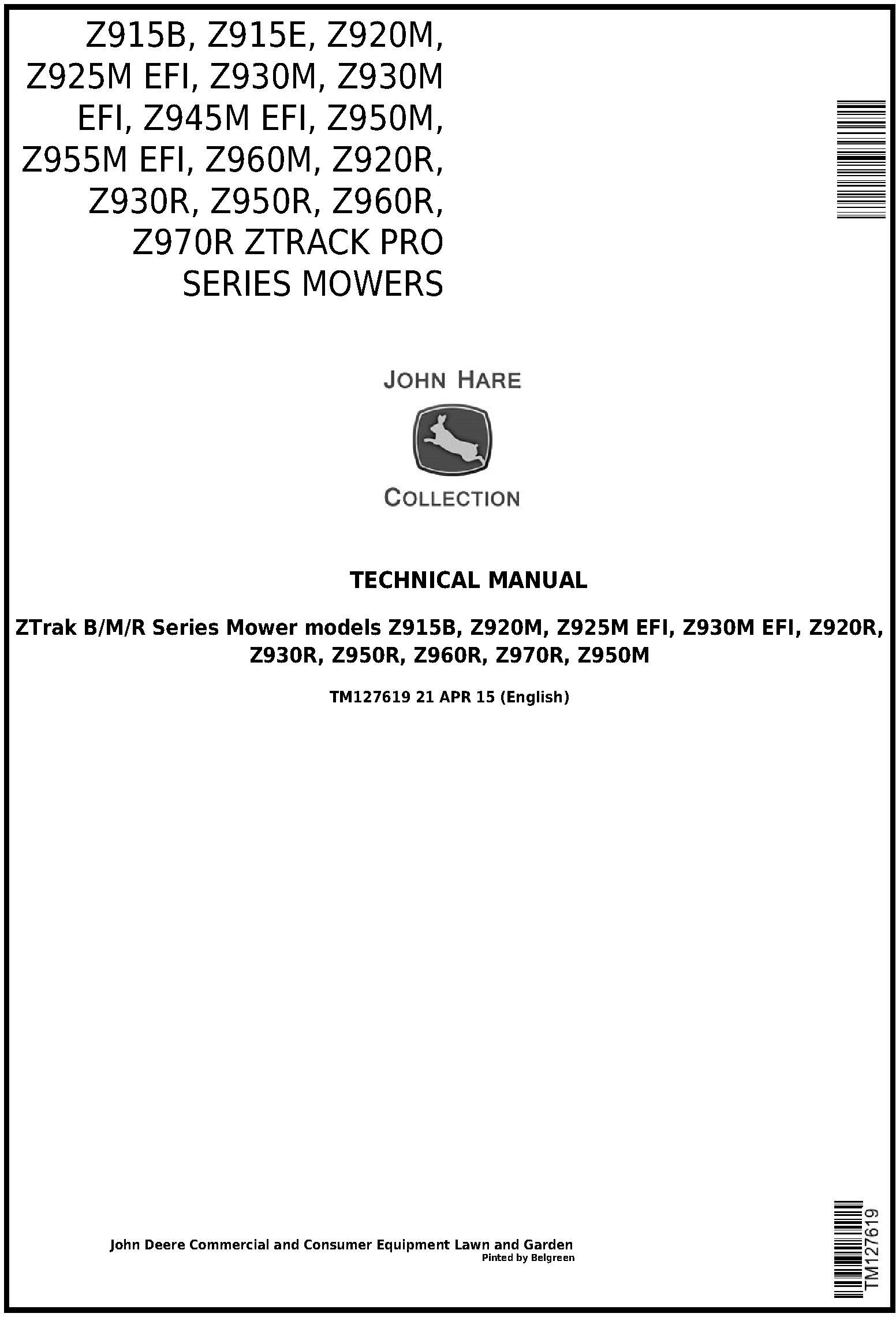 John Deere Z915B to Z960R ZTrack Mowers Technical Manual TM127619