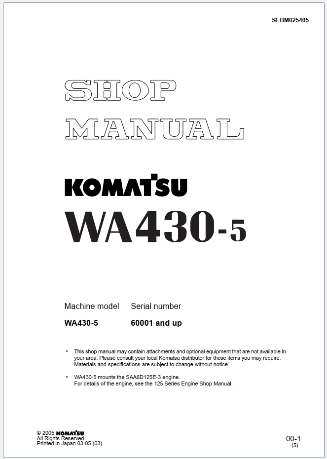 Komatsu WA430-5 Wheel Loader Shop Manual SEBM025405