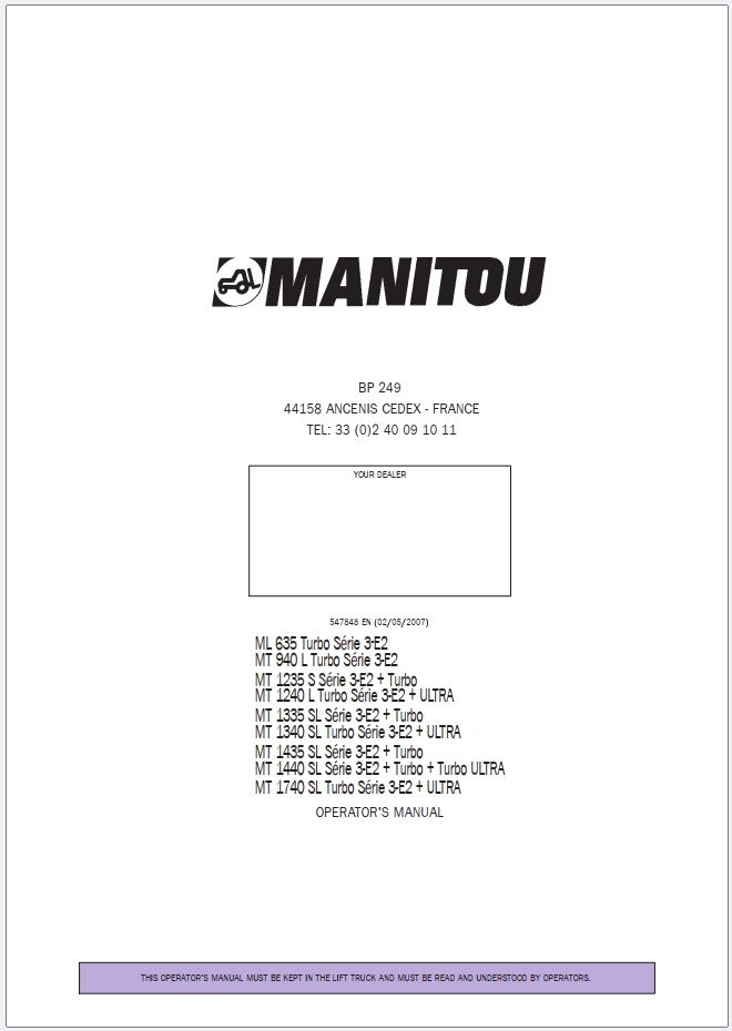 Manitou MT 635 to 1740 S L SL Telehandler Operator Manual