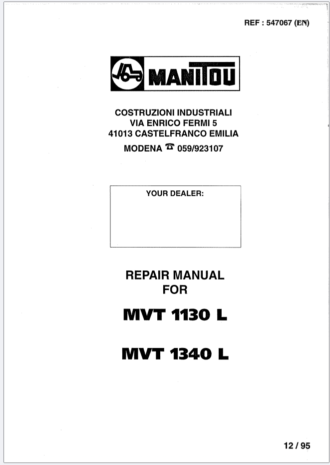 Manitou MVT 1130 1140 L Telehandler Repair Manual 547067EN 12.1995001