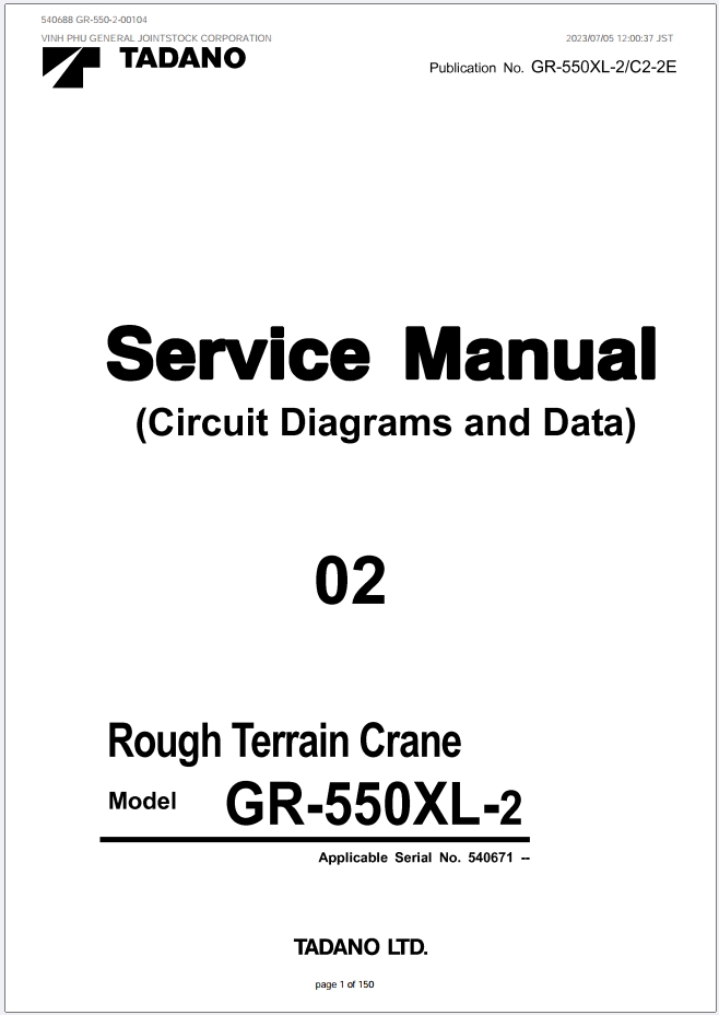 Tadano GR-550-2 Crane Service Manual