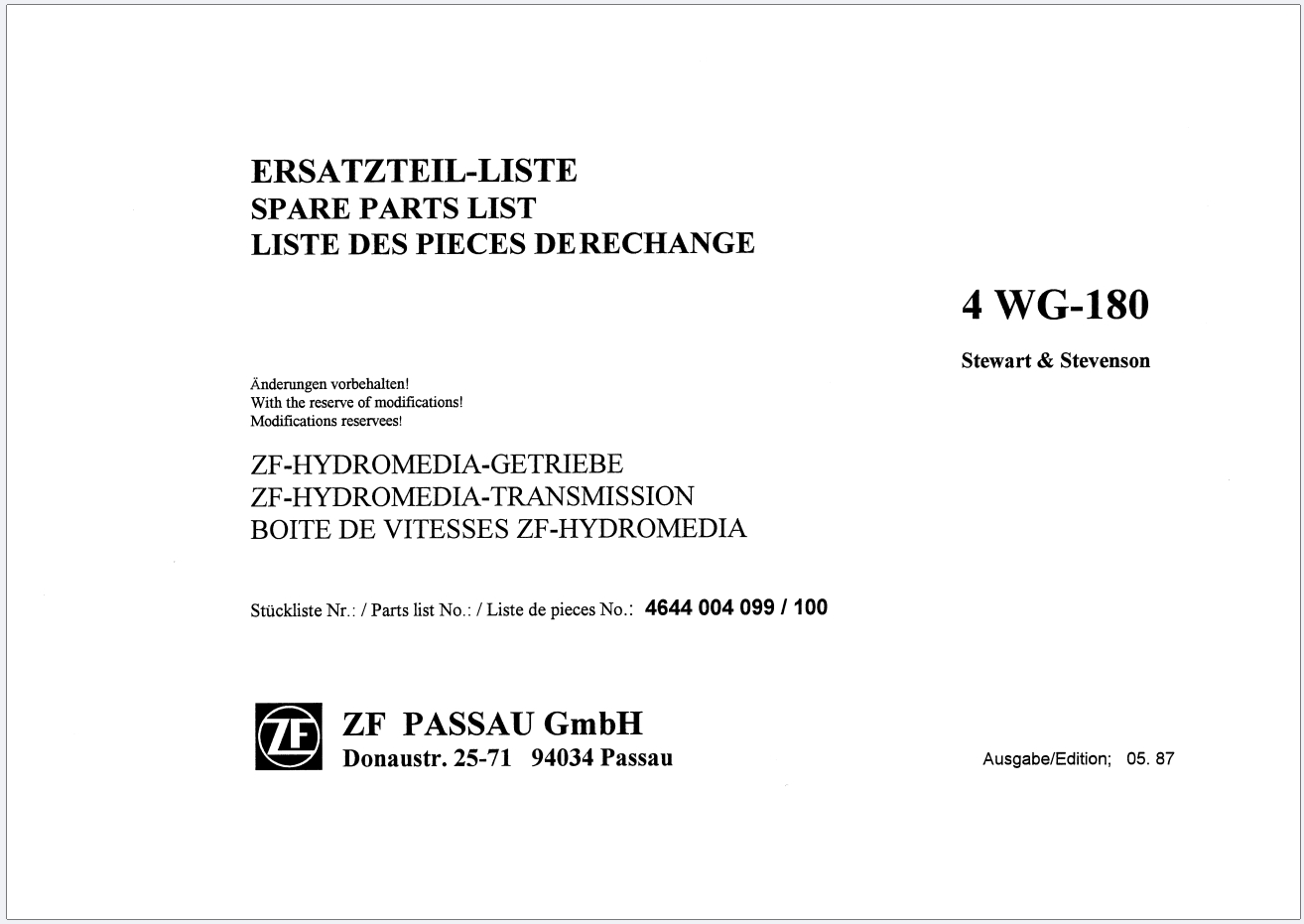 ZF 4WG-180 Hydromedia Transmission Spare Parts List