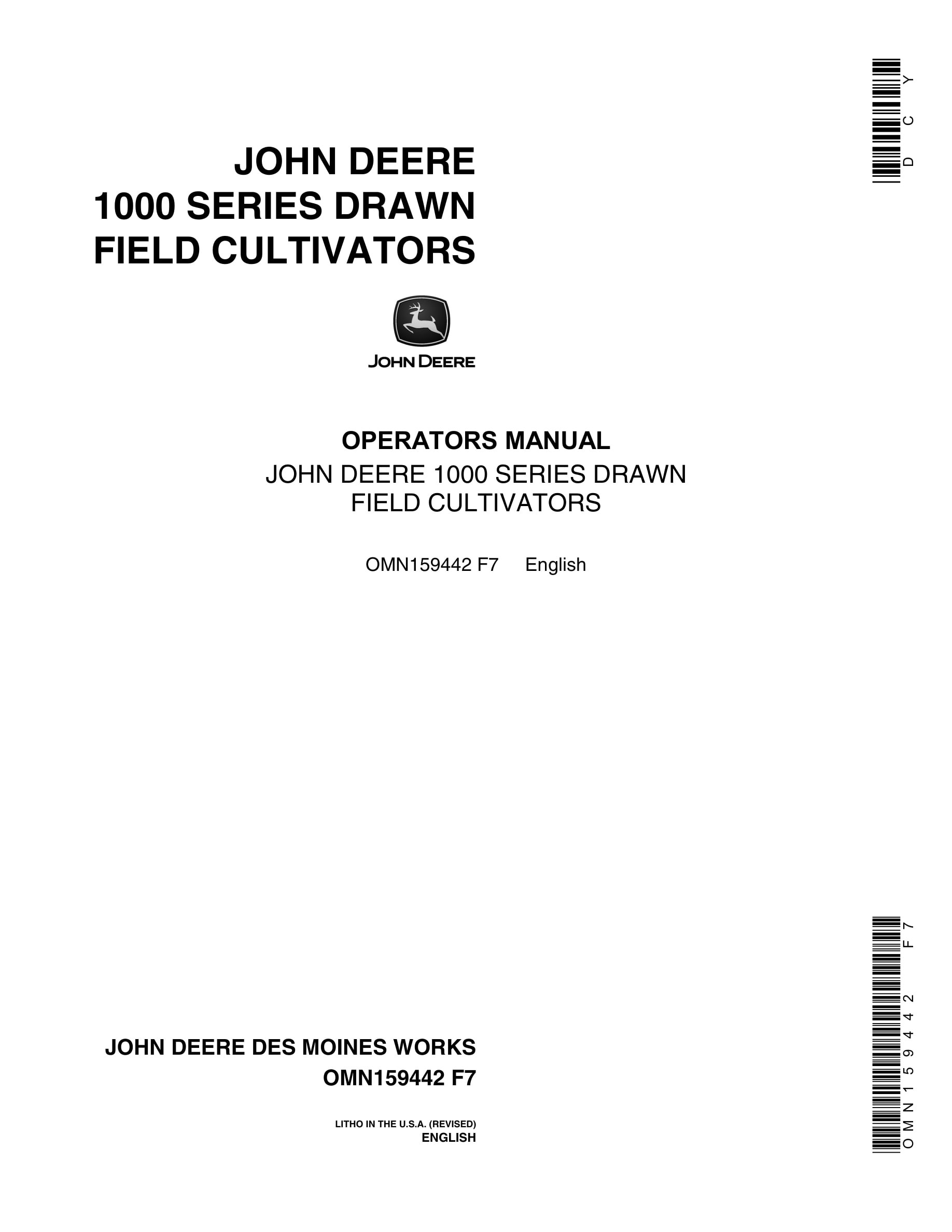 John Deere 1000 SERIES DRAWN FIELD CULTIVATOR Operator Manual OMN159442-1