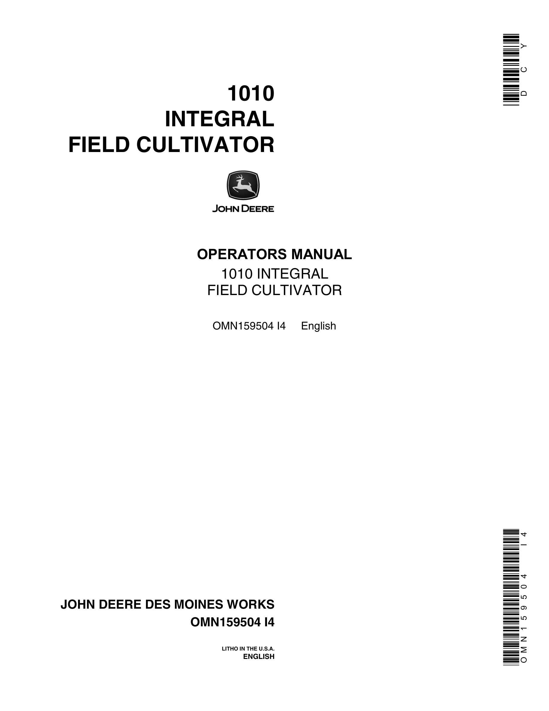 John Deere 1010 INTEGRAL FIELD CULTIVATOR Operator Manual OMN159504-1