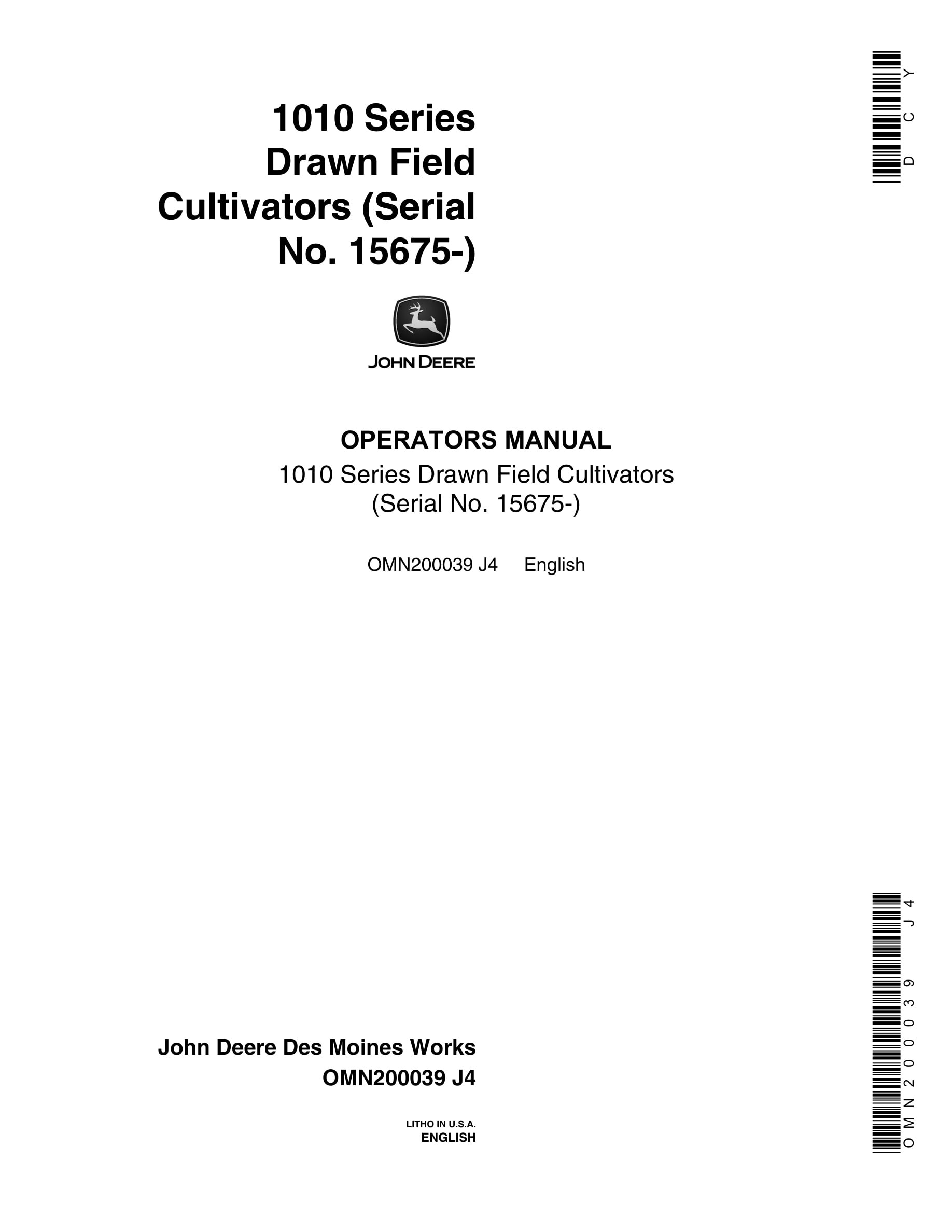 John Deere 1010 Series Drawn Field CULTIVATOR Operator Manual OMN200039-1