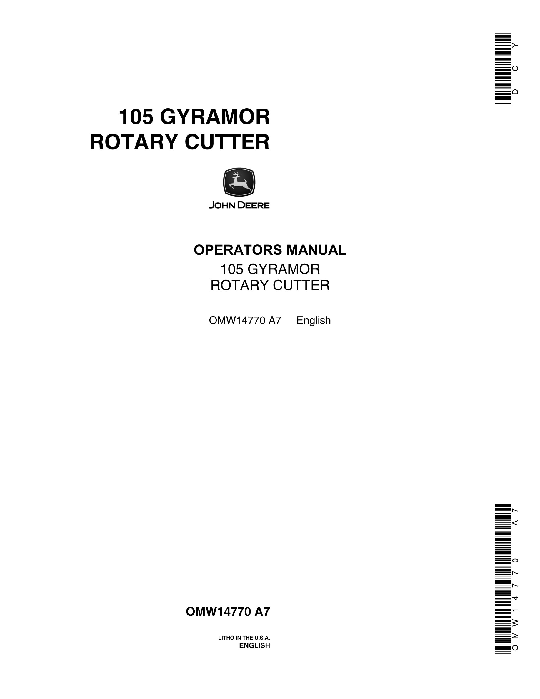 John Deere 105 Gyramor Rotary Cutter Operator Manual OMW14770-1