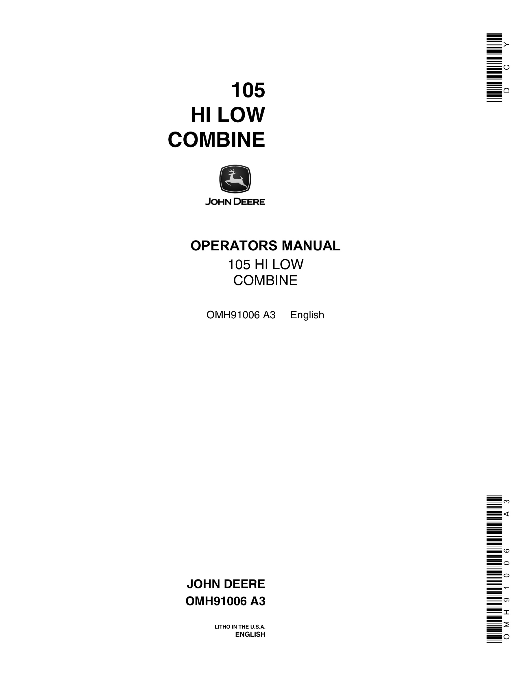 John Deere 105 HI LOW Combine Operator Manual OMH91006-1
