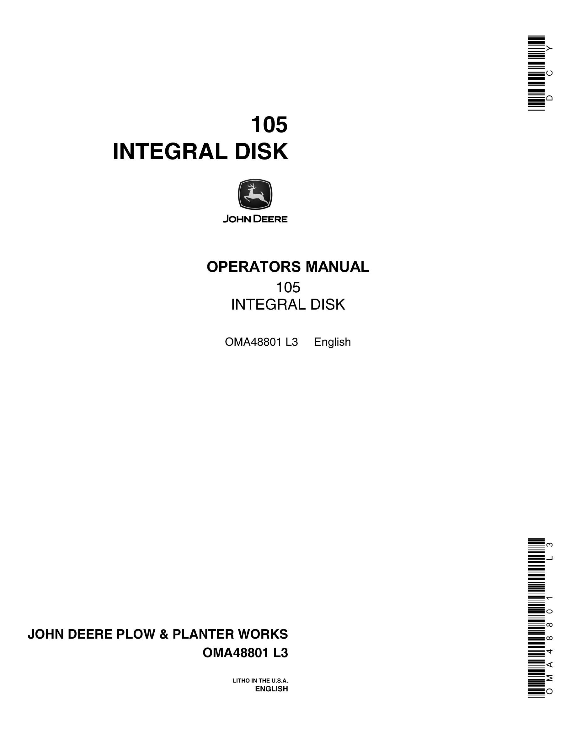 John Deere 105 INTEGRAL DISK Operator Manual OMA48801-1
