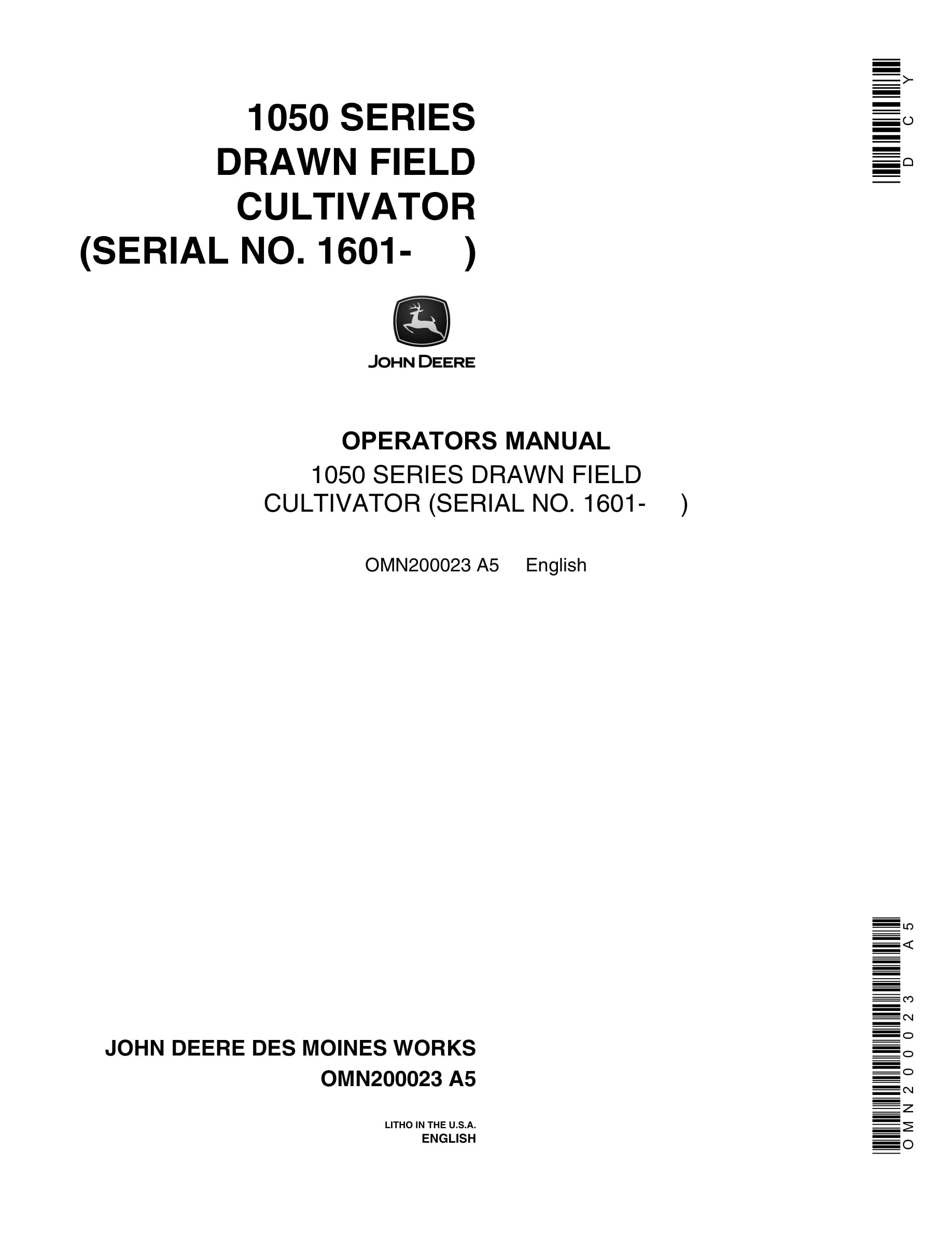 John Deere 1050 SERIES DRAWN FIELD CULTIVATOR Operator Manual OMN200023-1