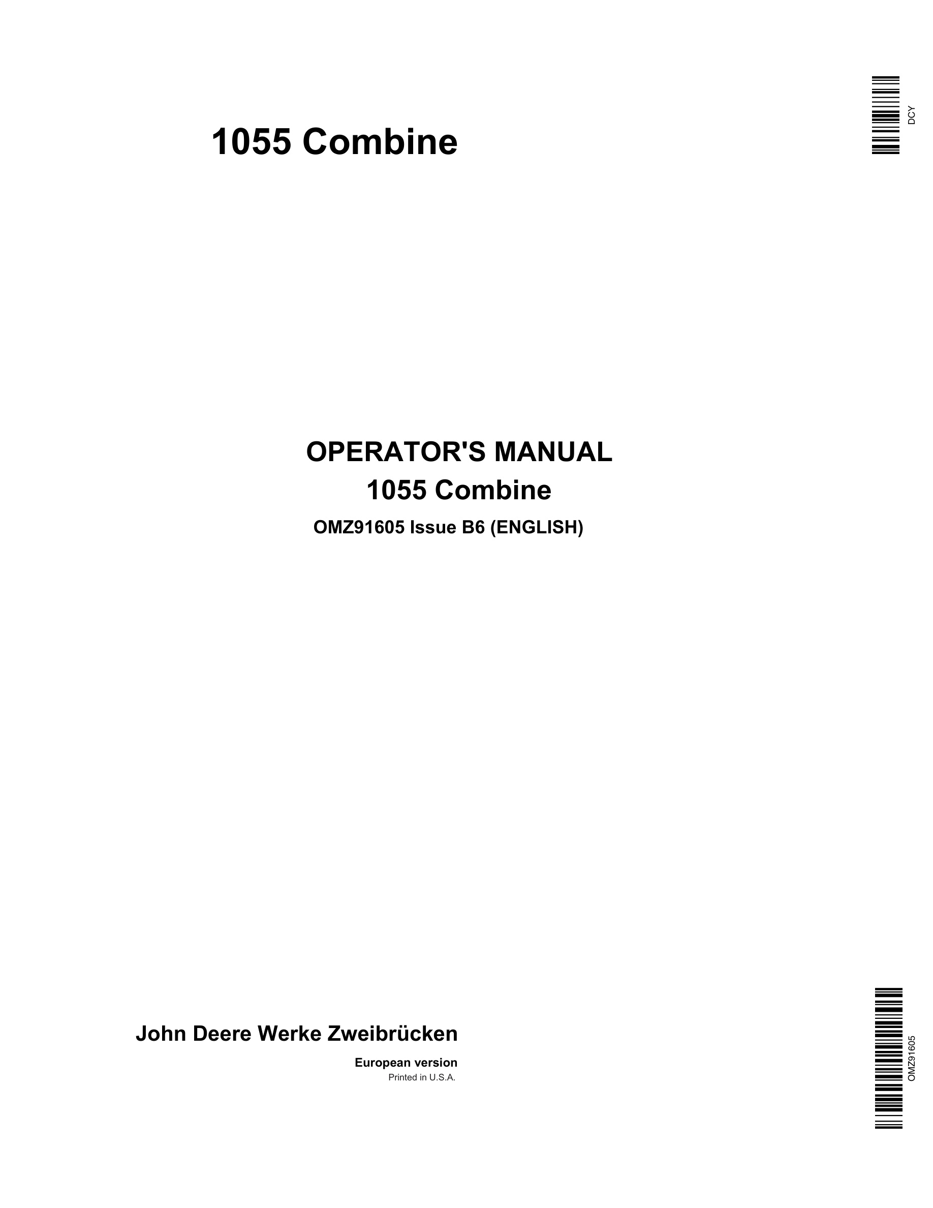 John Deere 1055 Combine Operator Manual OMZ91605-1