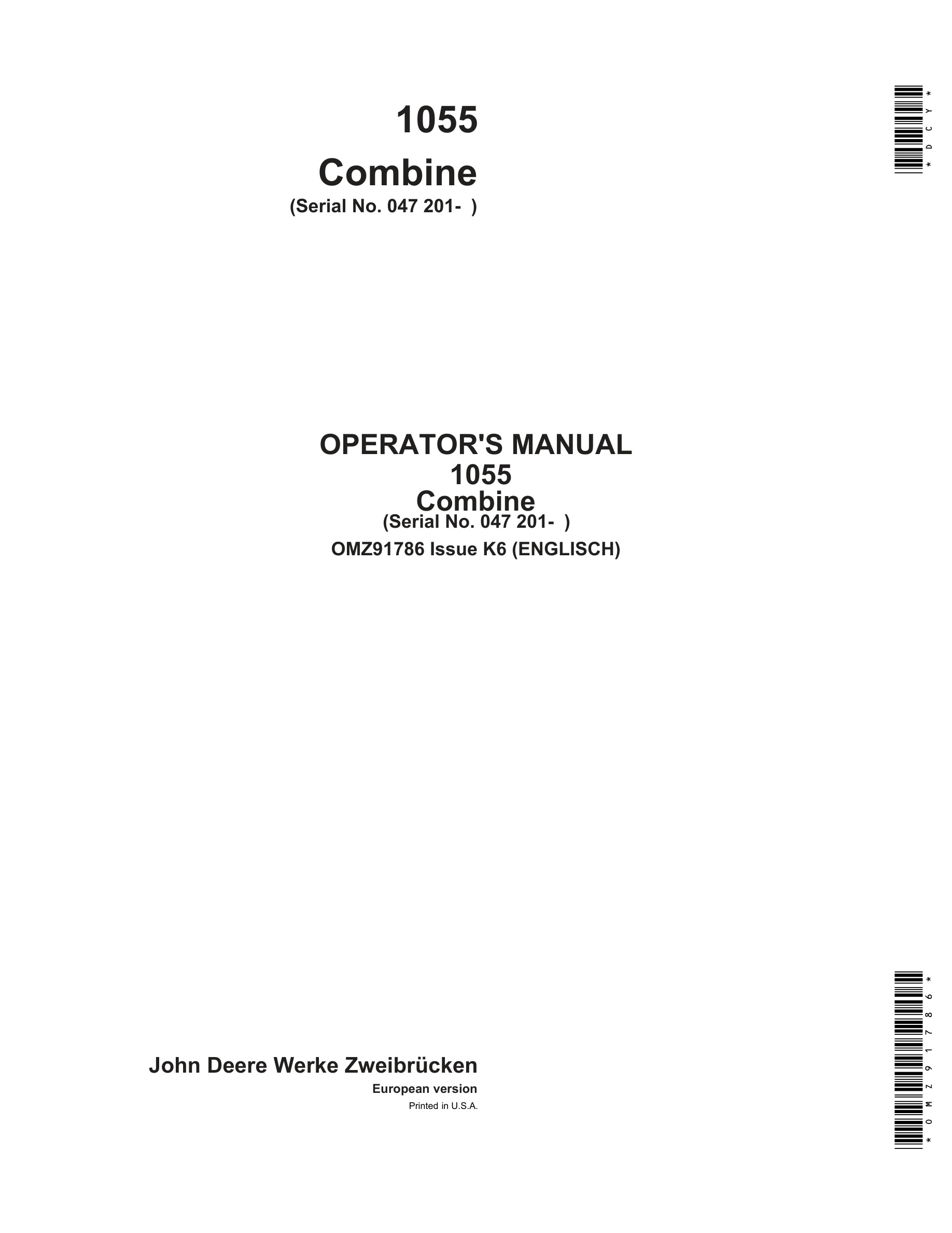 John Deere 1055 Combine Operator Manual OMZ91786-1
