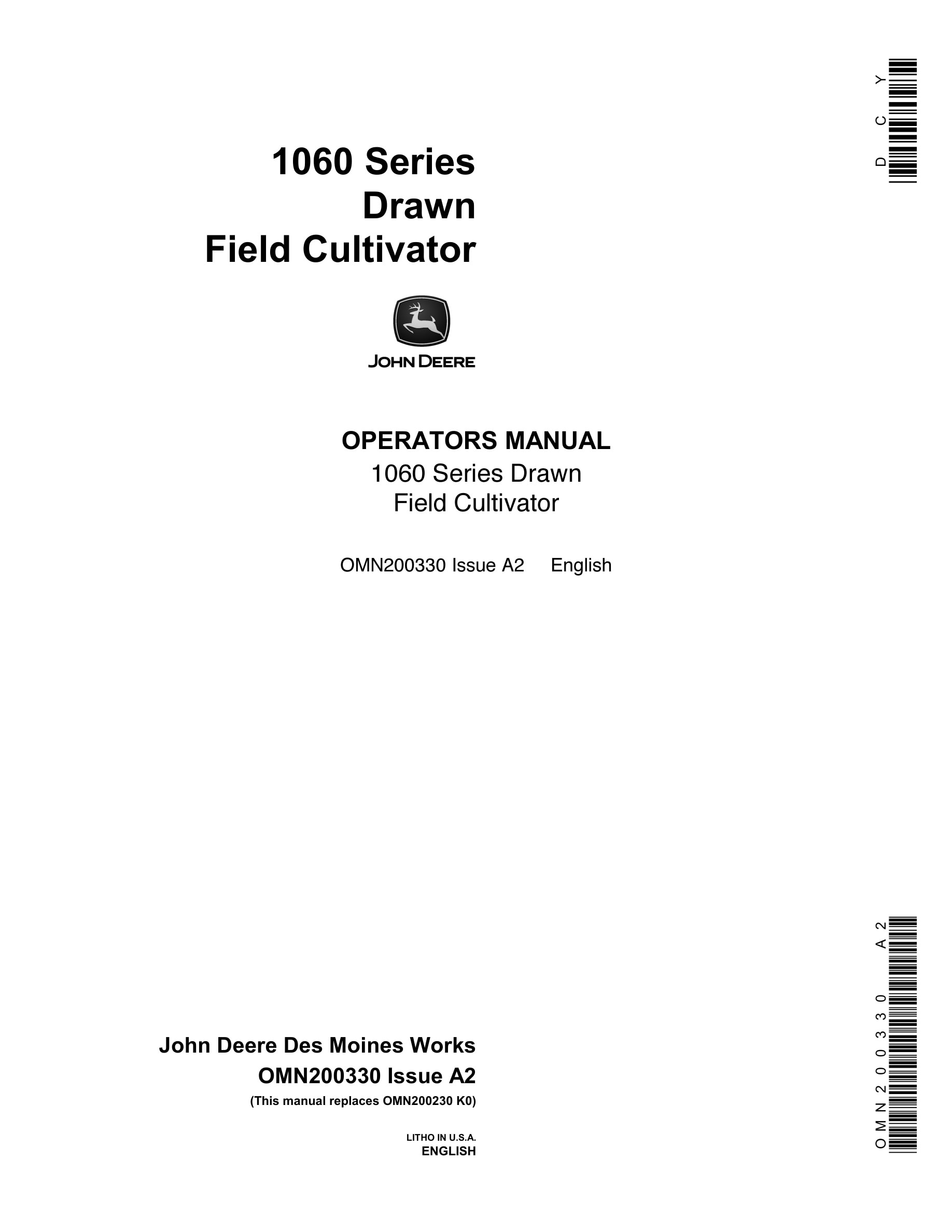 John Deere 1060 Series Drawn Field CULTIVATOR Operator Manual OMN200330-1