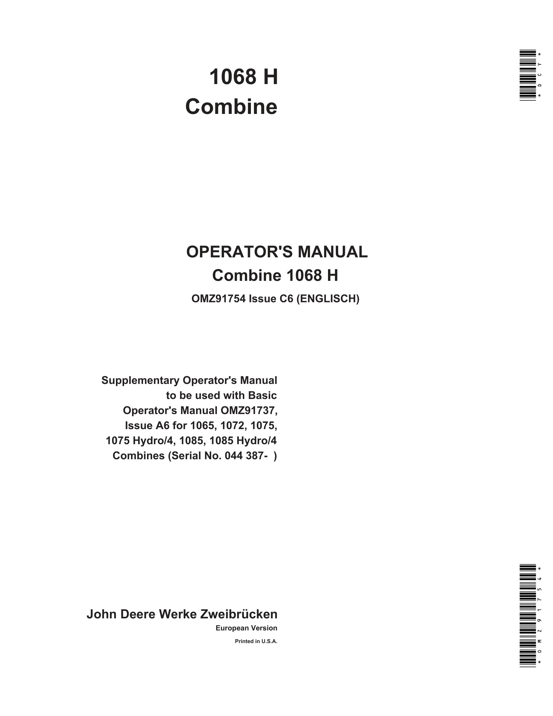 John Deere 1068 H Combine Operator Manual OMZ91754-1