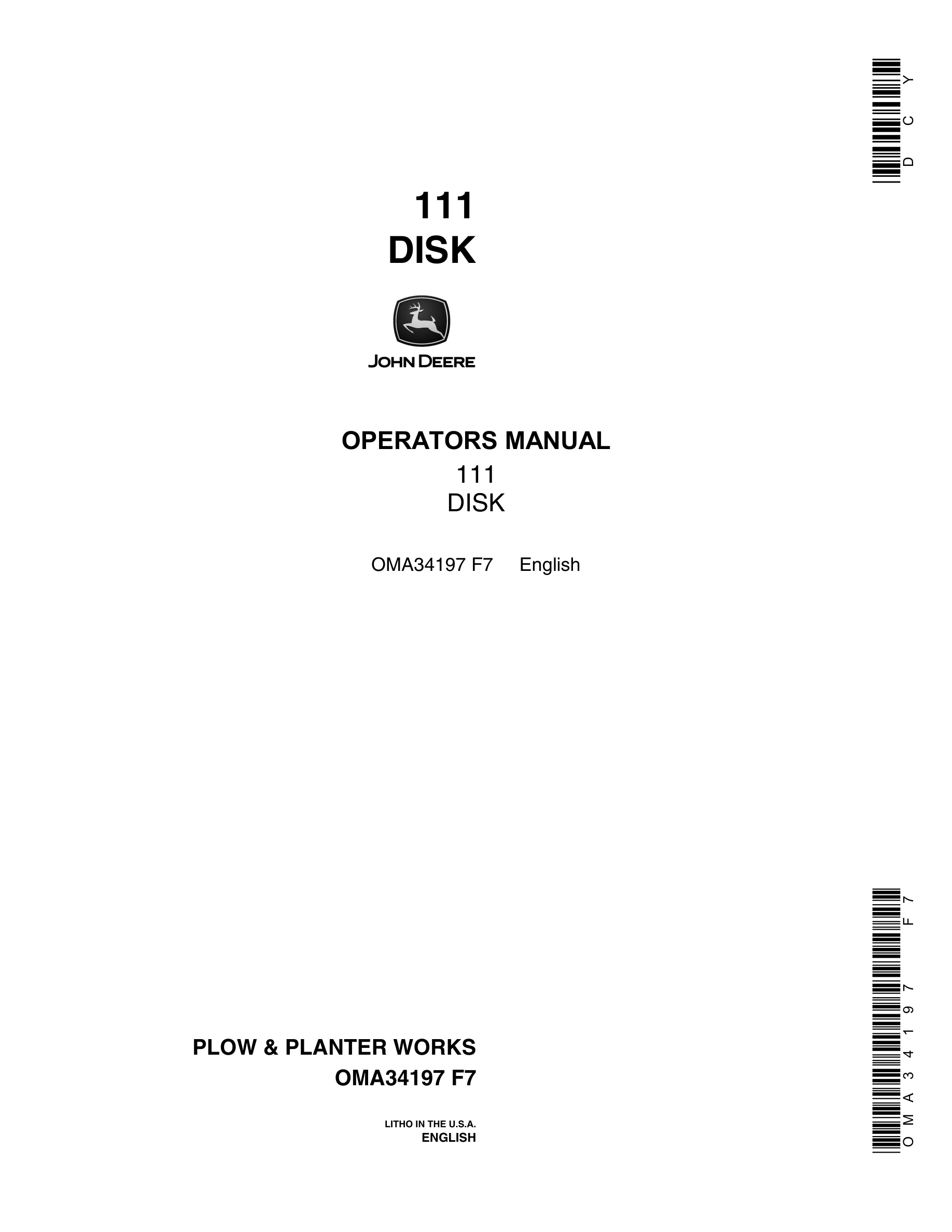 John Deere 111 DISK Operator Manual OMA34197-1