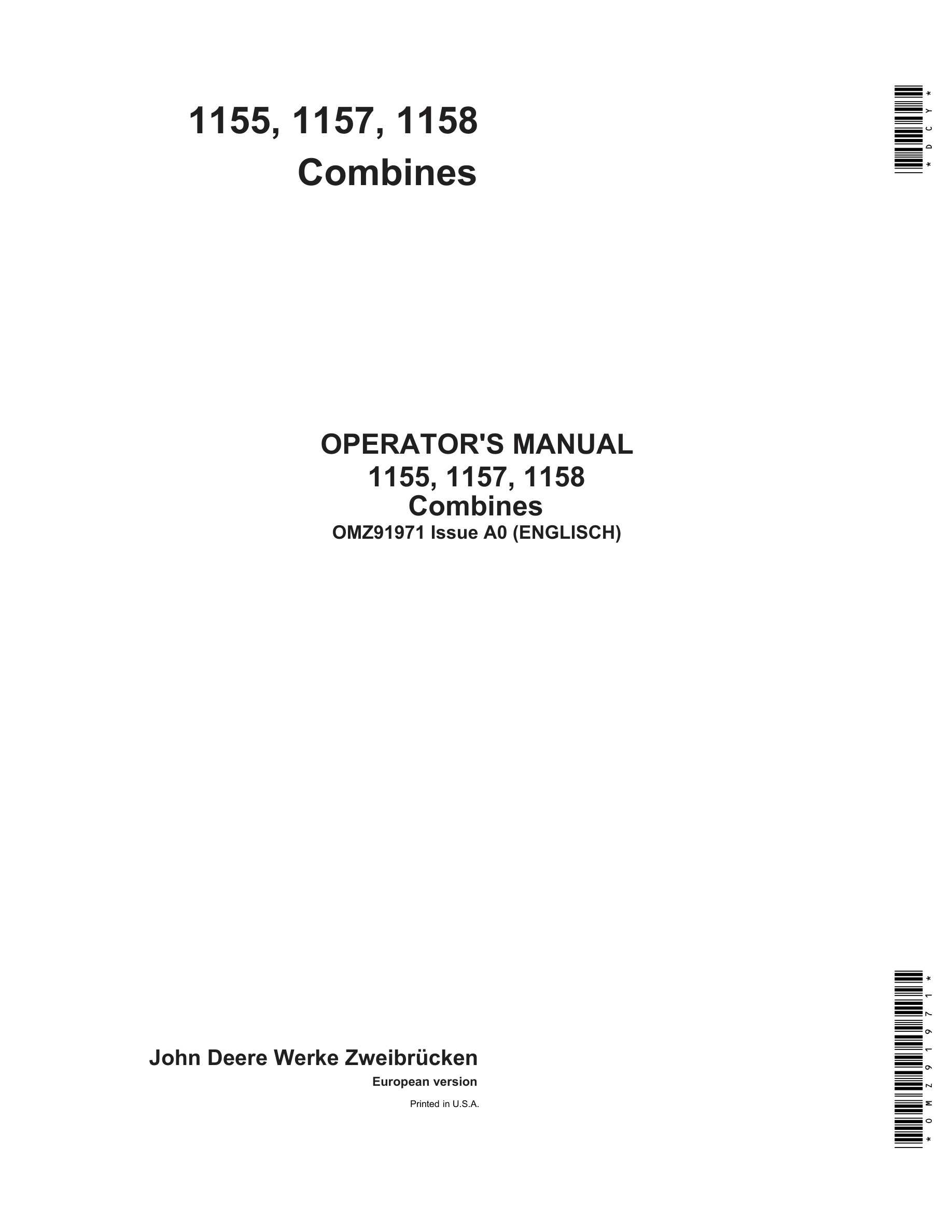 John Deere 1155, 1157, 1158 Combine Operator Manual OMZ91971-1