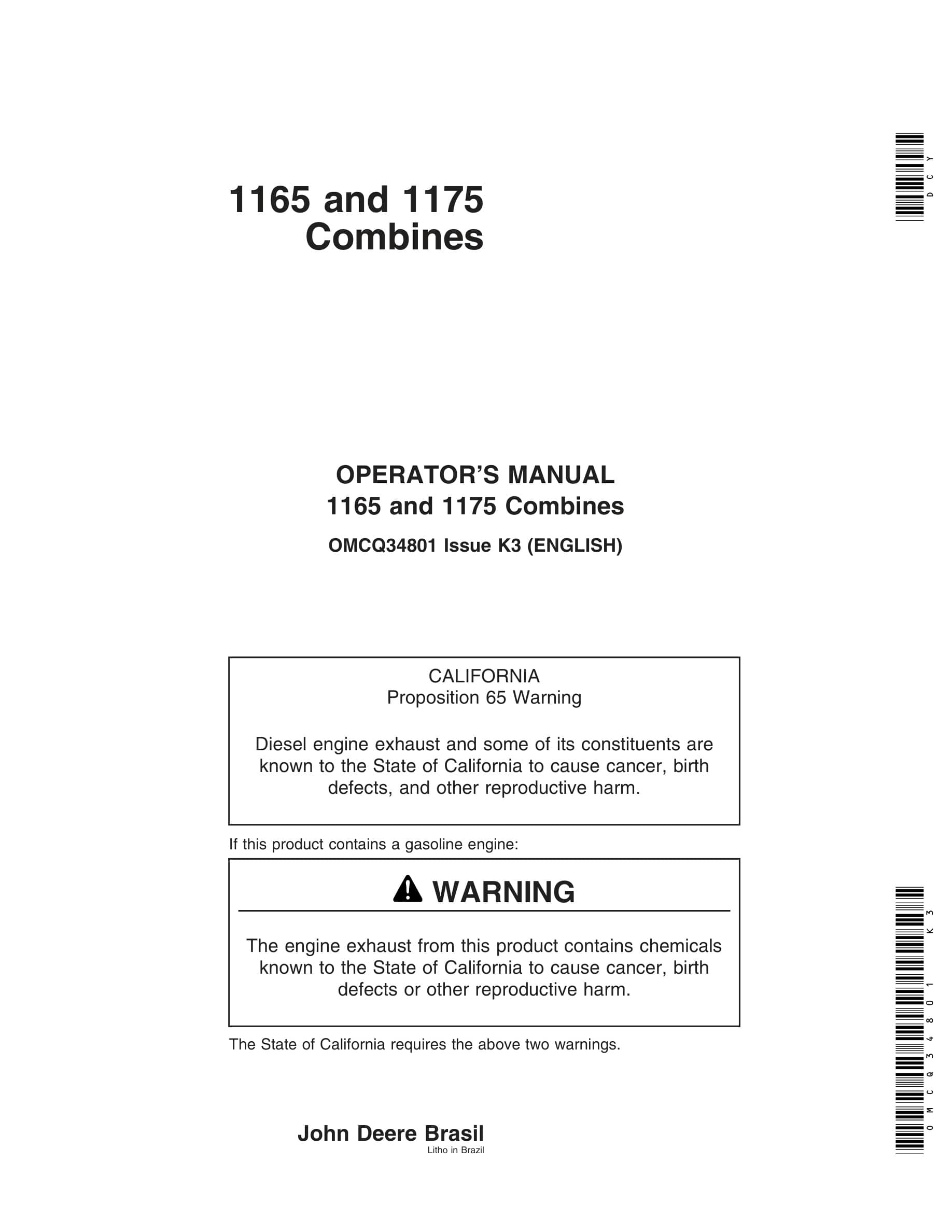 John Deere 1165 and 1175 Combine Operator Manual OMCQ34801-1