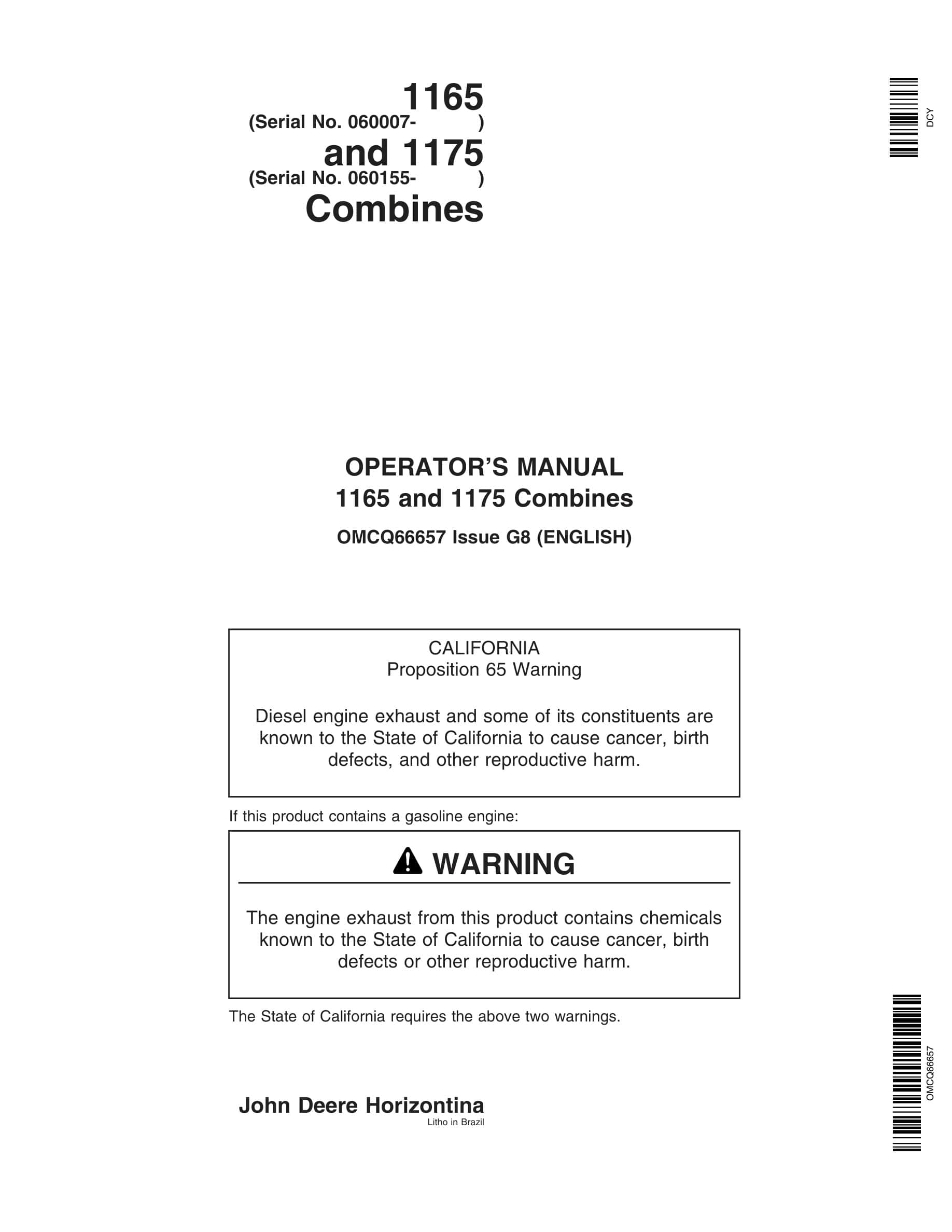 John Deere 1165 and 1175 Combine Operator Manual OMCQ66657-1