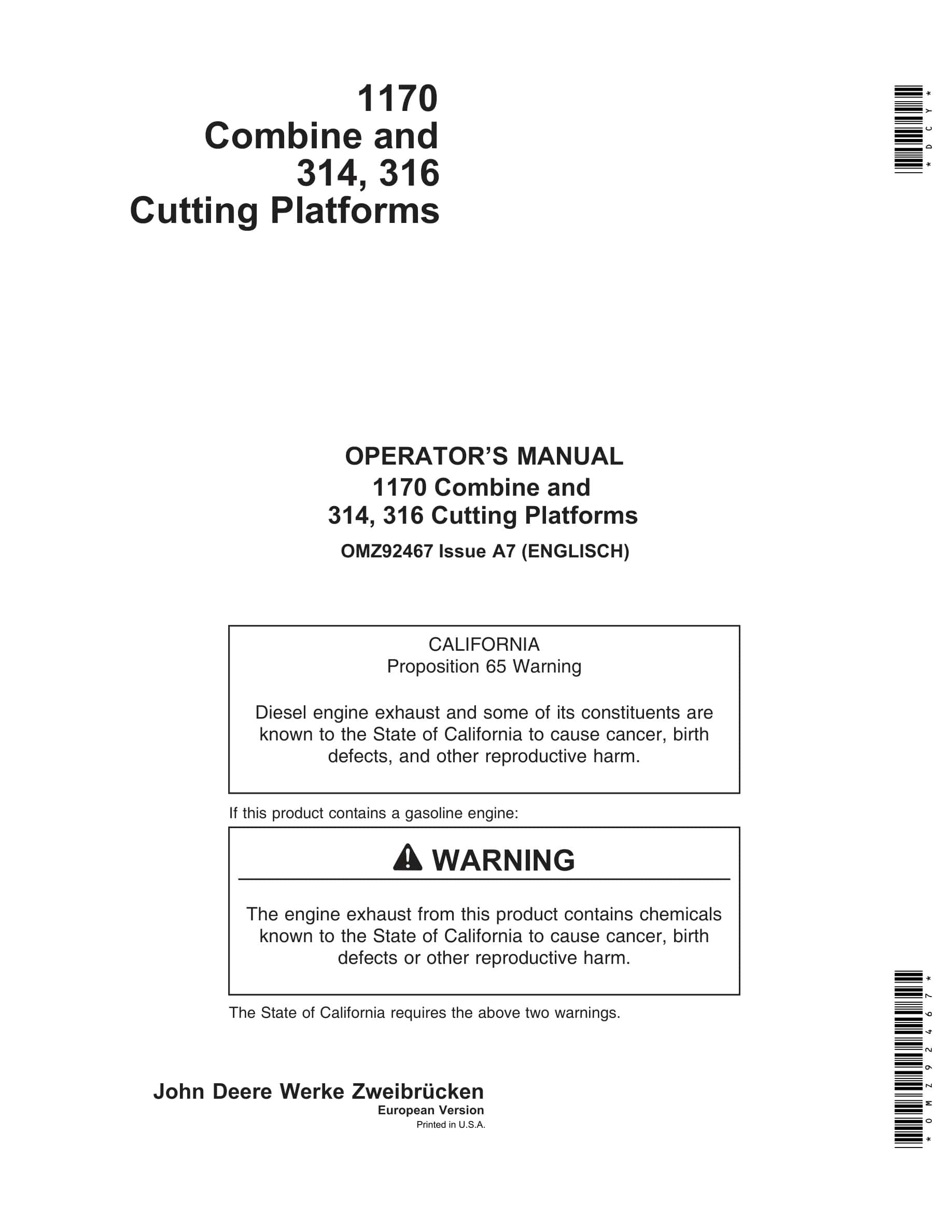 John Deere 1170 Combine and 314, 316 Cutting Platforms Operator Manual OMZ92467-1