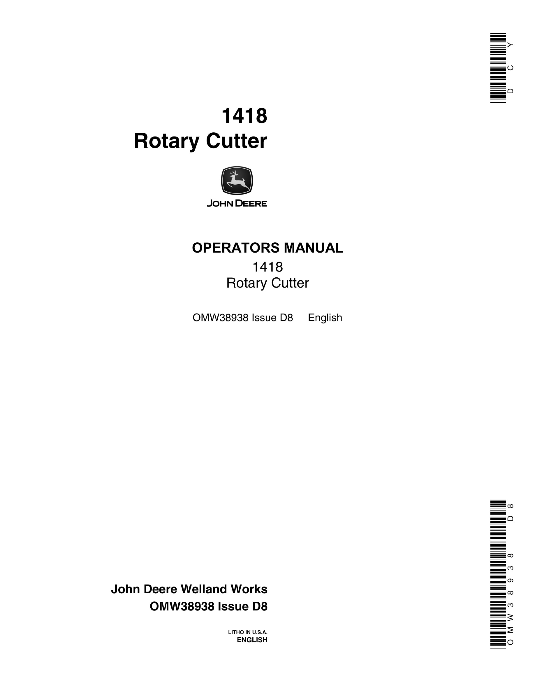 John Deere 1418 Rotary Cutter Operator Manual OMW38938-1