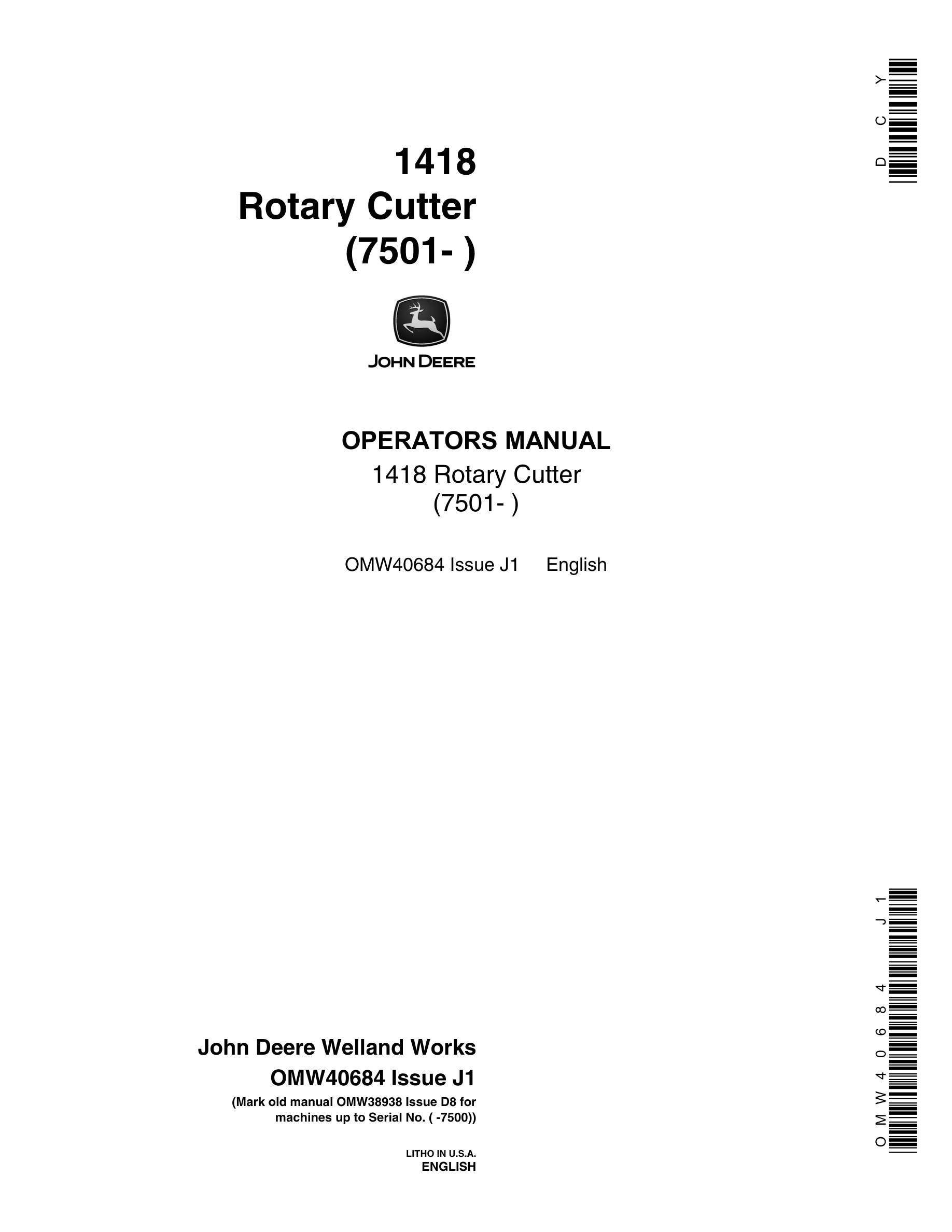 John Deere 1418 Rotary Cutter Operator Manual OMW40684-1