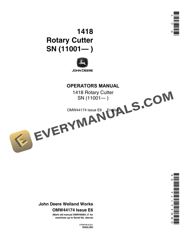 John Deere 1418 Rotary Cutter Operator Manual OMW44174